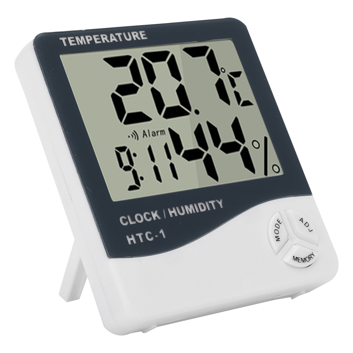 Digitaluhr zeigt 20,7°C, 9:11 und 44% Luftfeuchtigkeit an. Knöpfe MODE und ADJ auf weißem Ständer.
