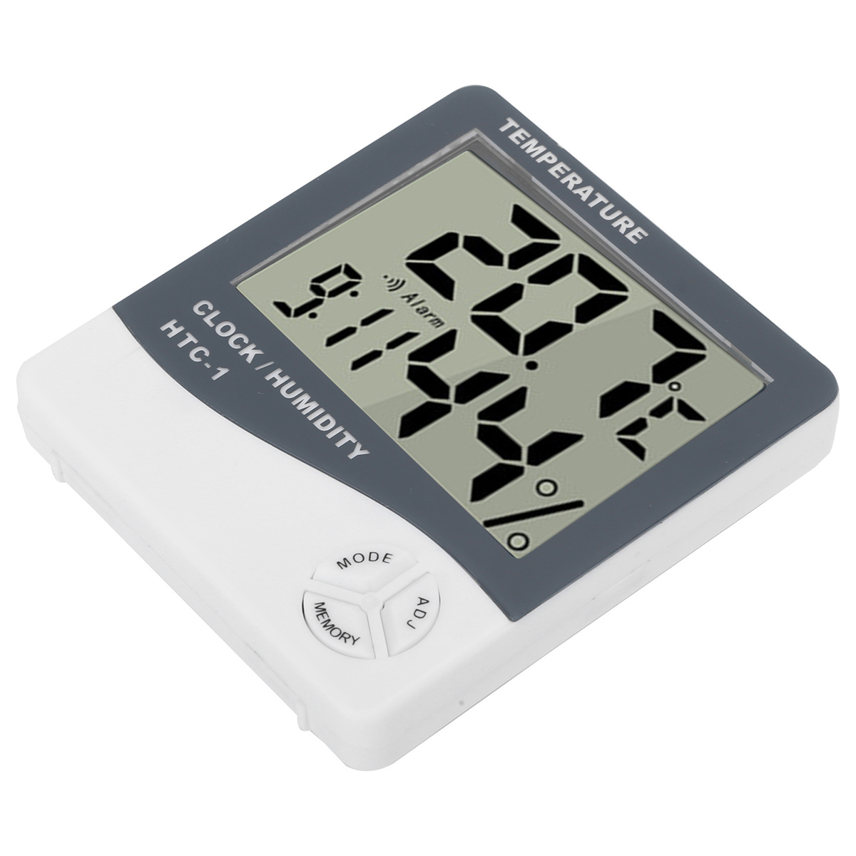 Digitales Thermometer, das Zeit-, Feuchtigkeits- und Temperaturmesswerte anzeigt.