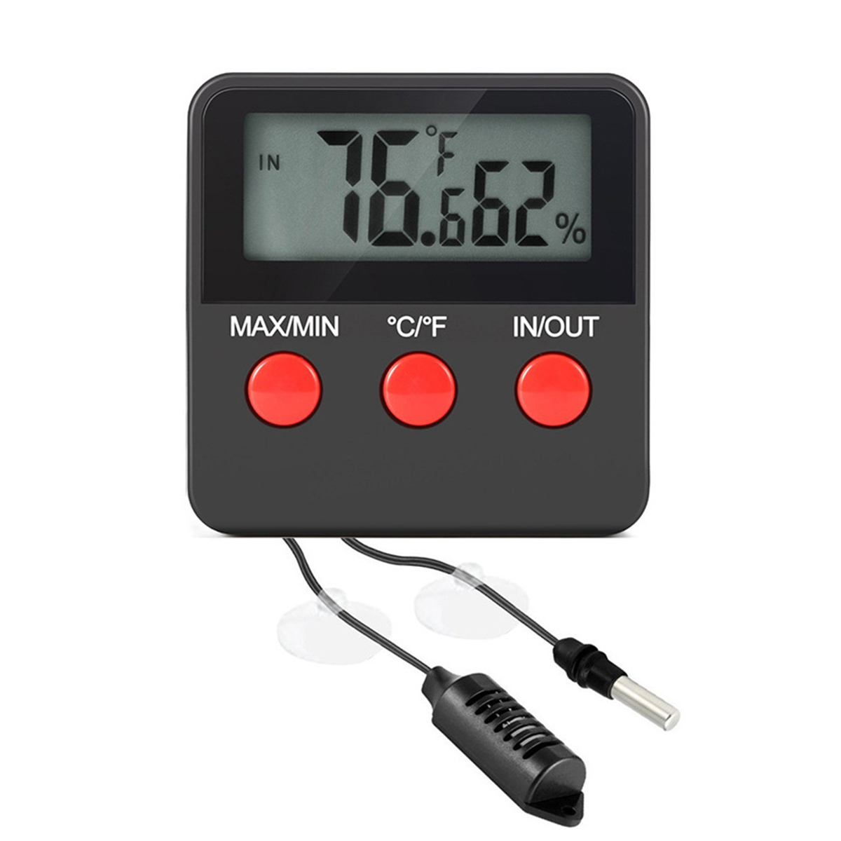 Schwarzes digitales Thermometer mit Anzeige von Temperatur und Luftfeuchtigkeit und roten Knöpfen.
