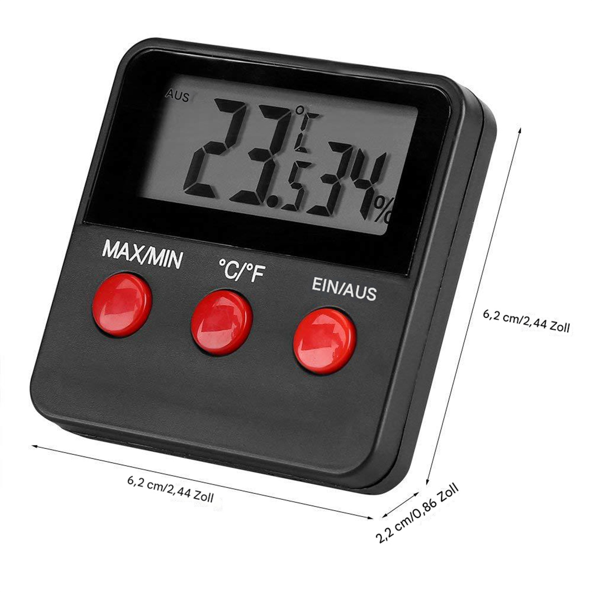 Ein schwarzes Digitalthermometer mit roten Knöpfen und Abmessungen. Das Display zeigt 23,34%.