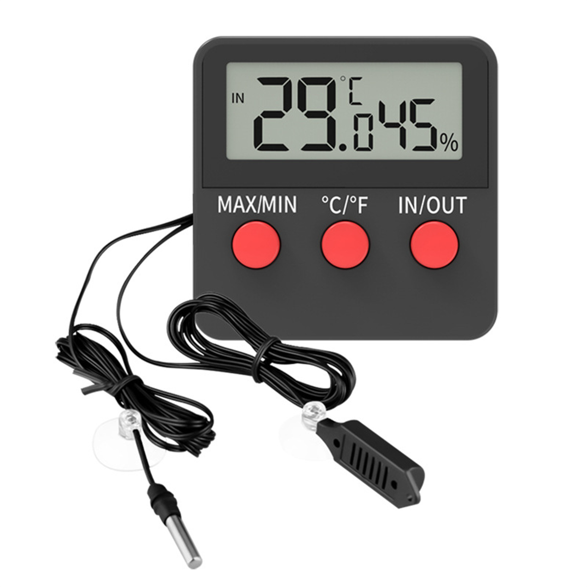 Schwarzes Digitalthermometer zeigt 29,6 Grad Celsius und 64,5 % Luftfeuchtigkeit mit roten Knöpfen und einer Sonde an.