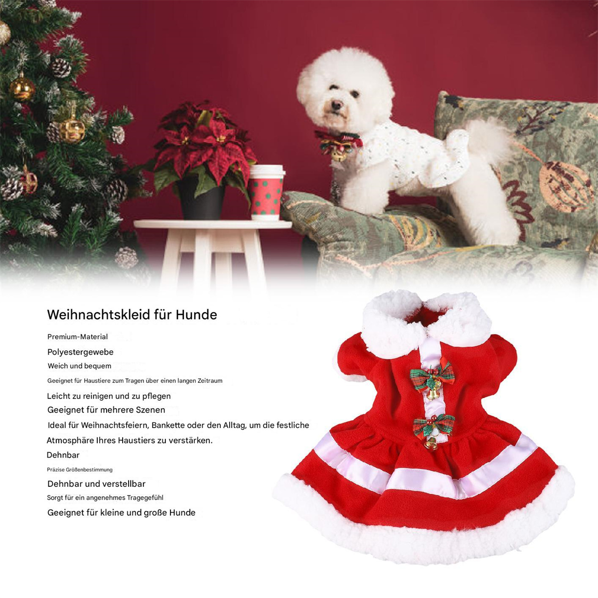 Rotes Hundekleid mit weißer Bordüre und ein Hund mit Fliege. Text auf Deutsch.