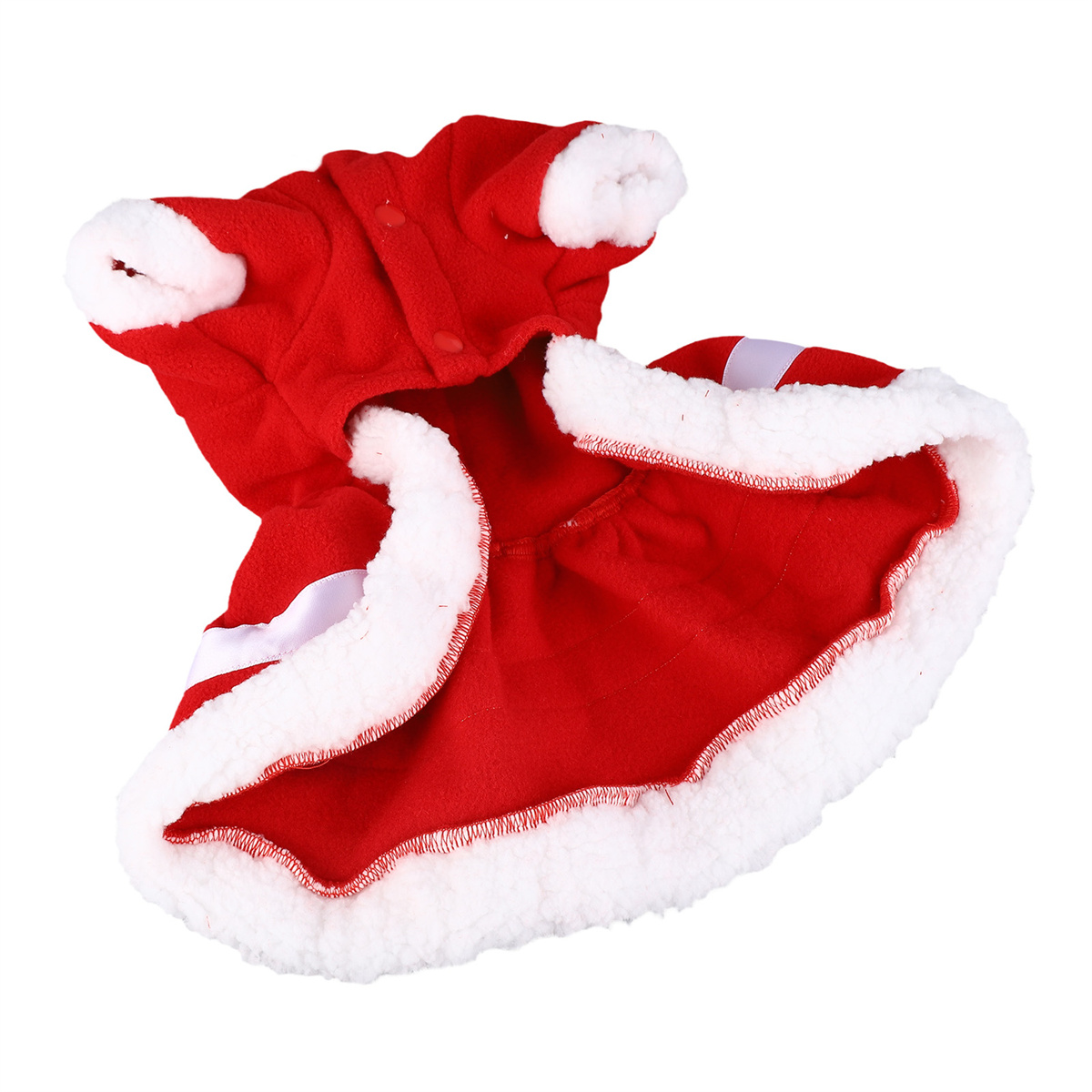 Hunde-Weihnachtskostüm. Es ist rot und weiß mit Kunstfellbesatz.