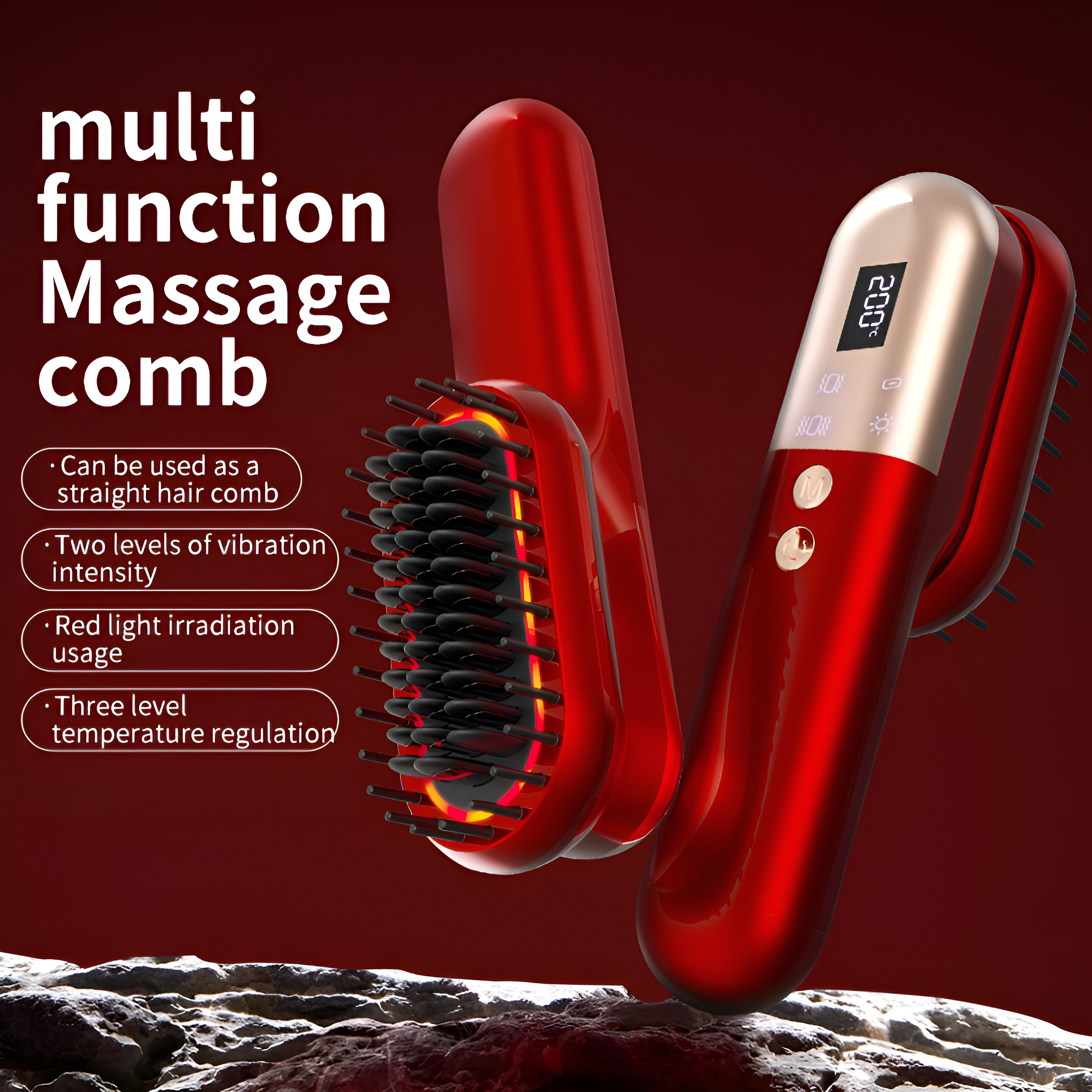 Roter Multifunktions-Massagekamm mit aufgelisteten Funktionen. Roter Hintergrund.