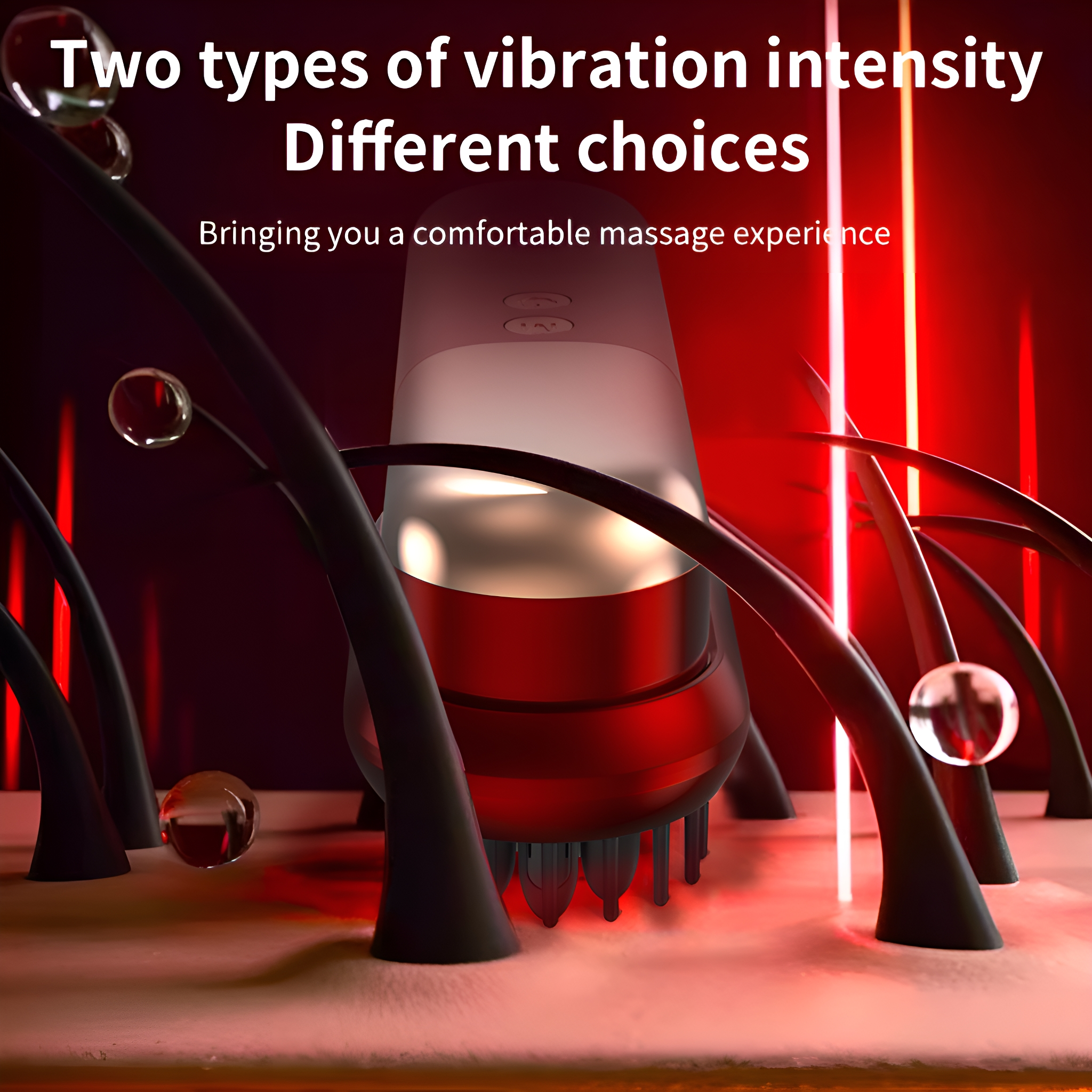 Ein roter Massagekopf mit schwarzen Borsten, umgeben von Haaren. Text beschreibt die Vibrationsintensität.