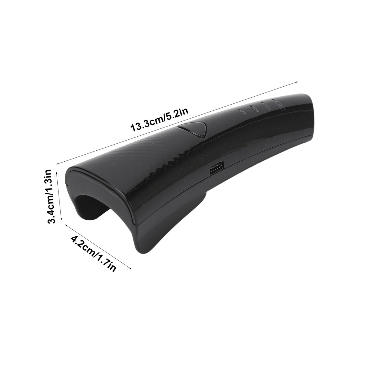 Schwarzes Gerät mit den Maßen: 13,3 cm/5,2 Zoll, 3,4 cm/1,3 Zoll und 4,2 cm/1,7 Zoll. Es hat ein abgerundetes Ende.