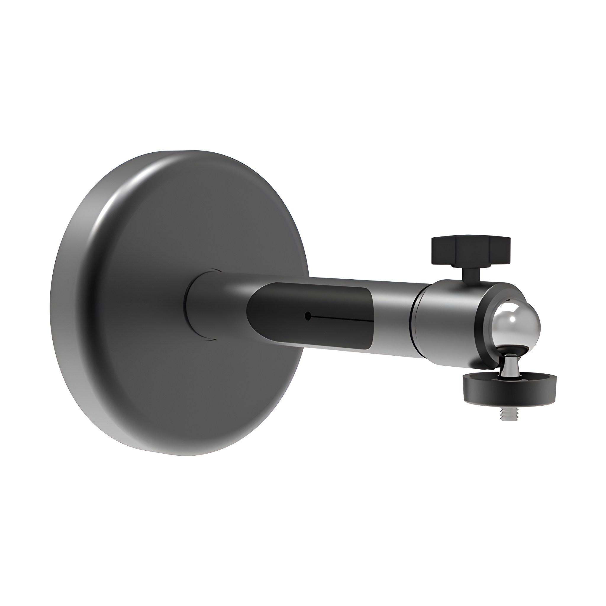 Eine schwarze metallische Wandhalterung mit einem verstellbaren Arm und einem Kugelgelenk am Ende.