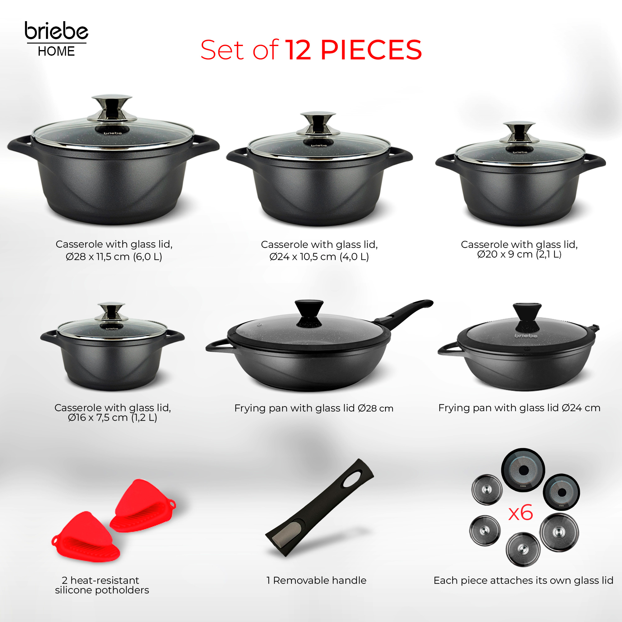 Juego de 12 piezas de utensilios de cocina, incluyendo ollas y sartenes con tapas y salvamanteles resistentes al calor.