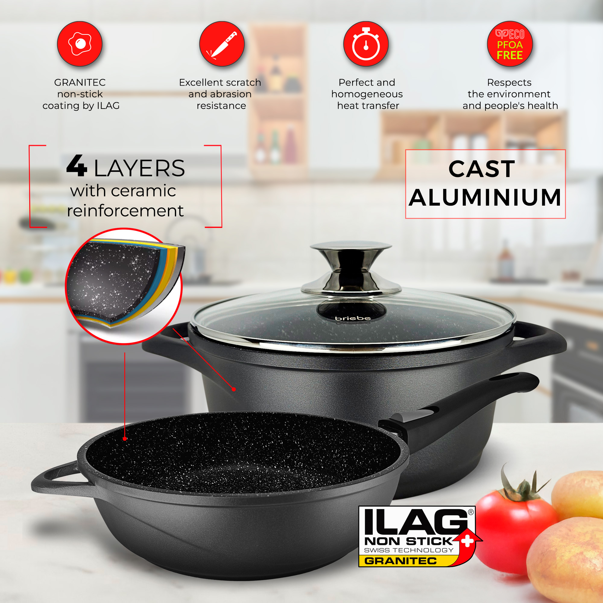 Ollas negras con tapas. Las ollas tienen revestimiento antiadherente y refuerzo cerámico. Los tomates están al lado.