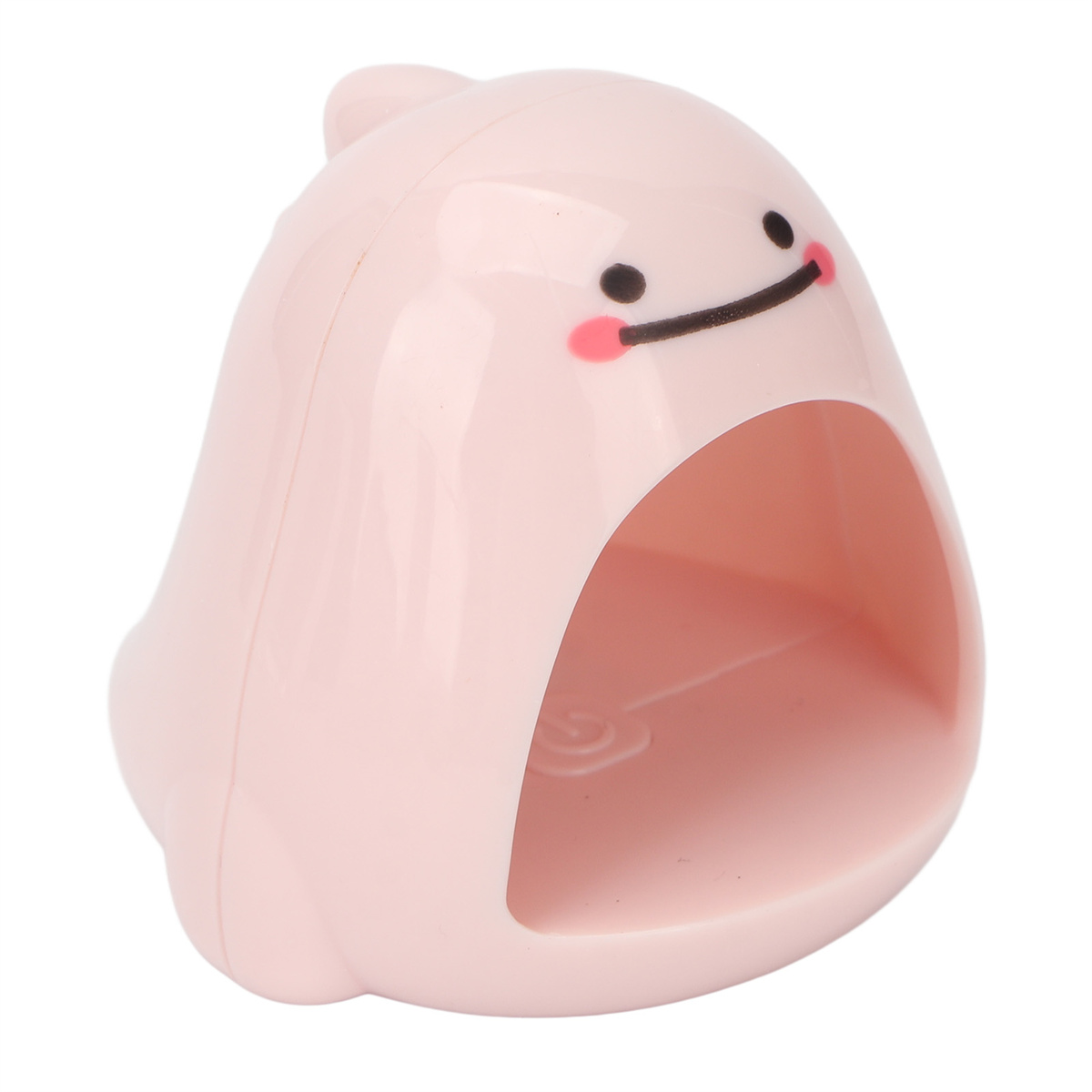 Ein rosa, cartoonartiges, eiförmiges Gerät hat ein lächelndes Gesicht und eine Öffnung.