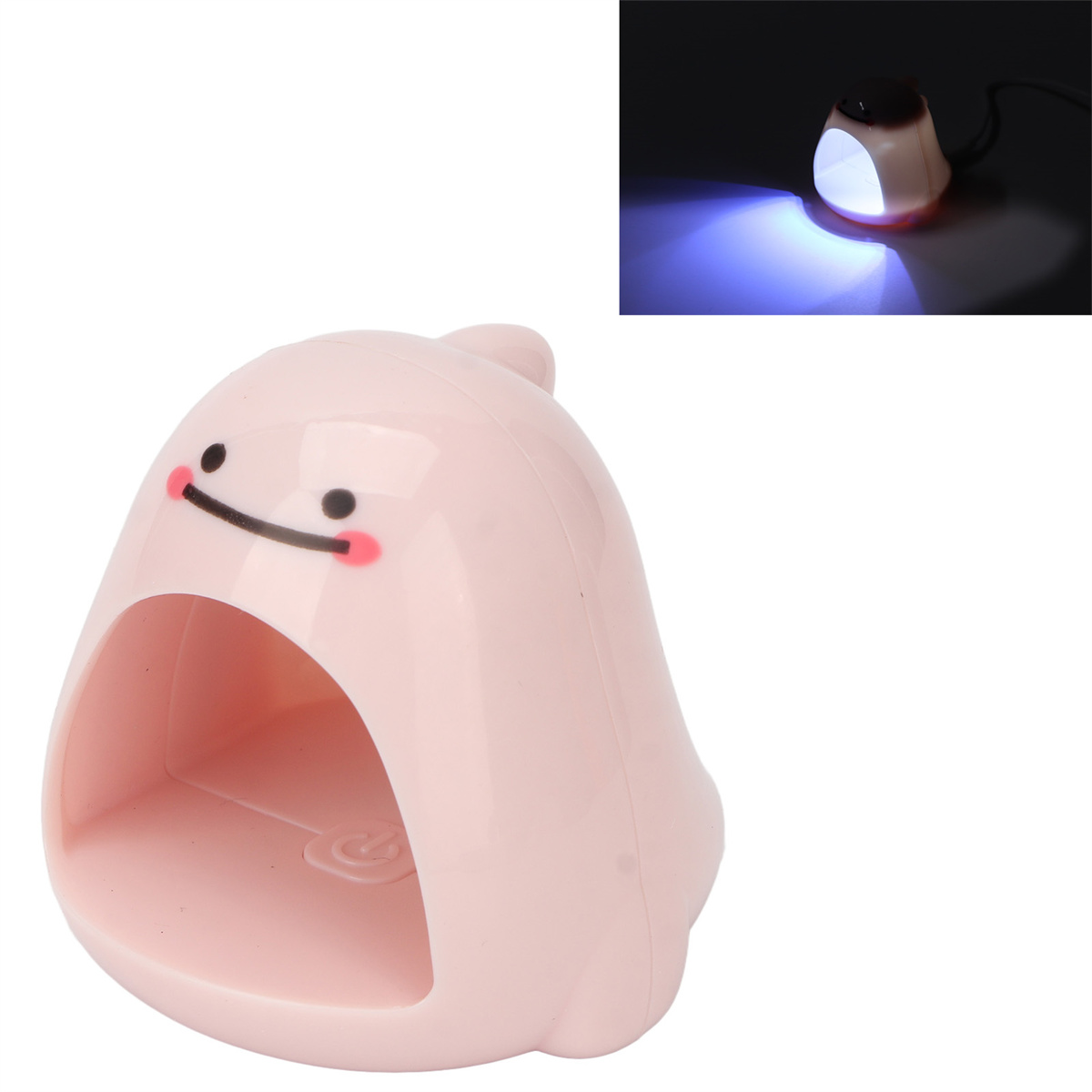 Ein rosa Nageltrockner mit lächelndem Gesicht und einer kleinen UV-Lampe daneben.