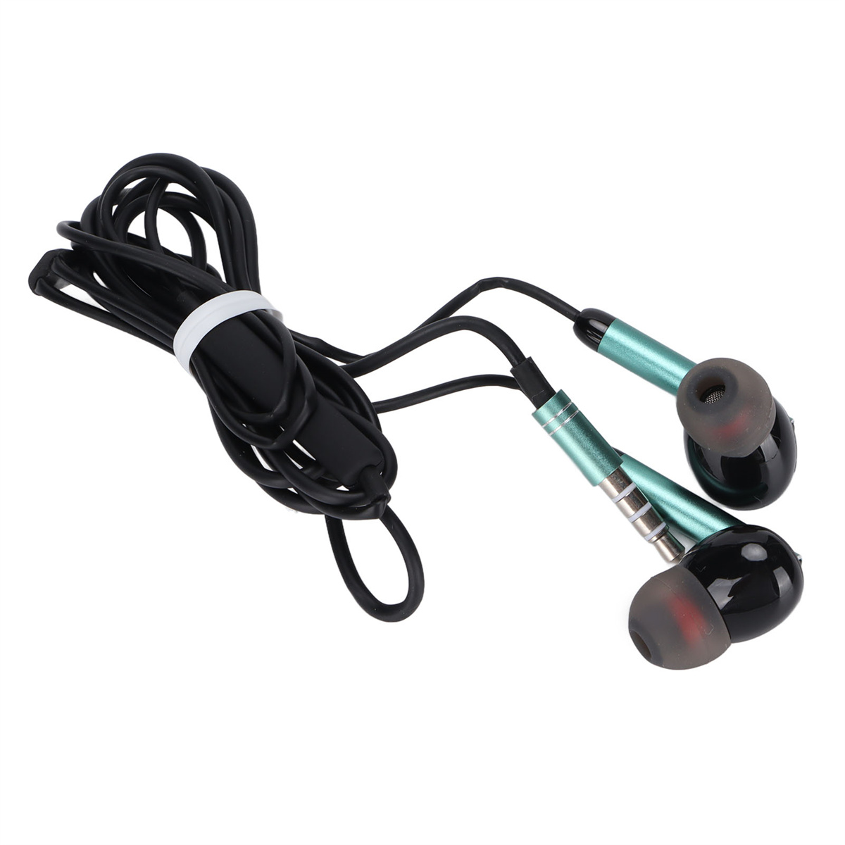 Ein Paar schwarze und tealfarbene In-Ear-Kopfhörer mit einem Kabel.