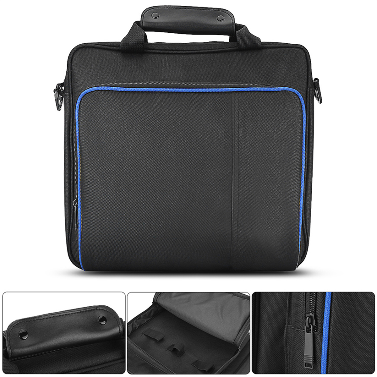 Schwarze Laptoptasche mit blauer Umrandung. Mit Griff, Schulterriemen und mehreren Fächern.