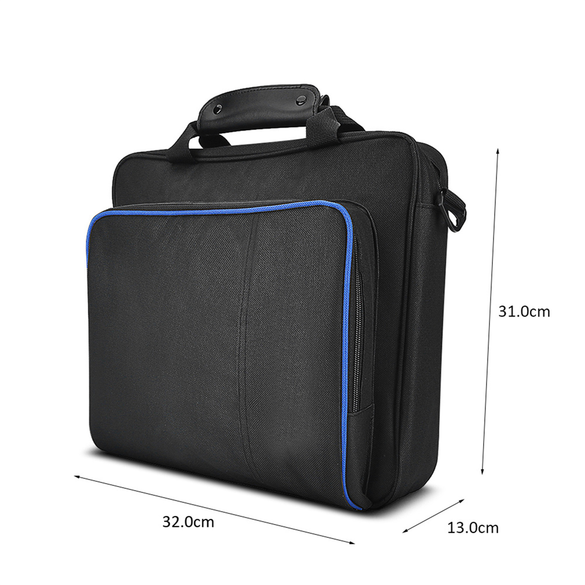 Schwarze Laptoptasche mit blauem Besatz und Griff. Hat die Maße 32,0 cm x 31,0 cm x 13,0 cm.