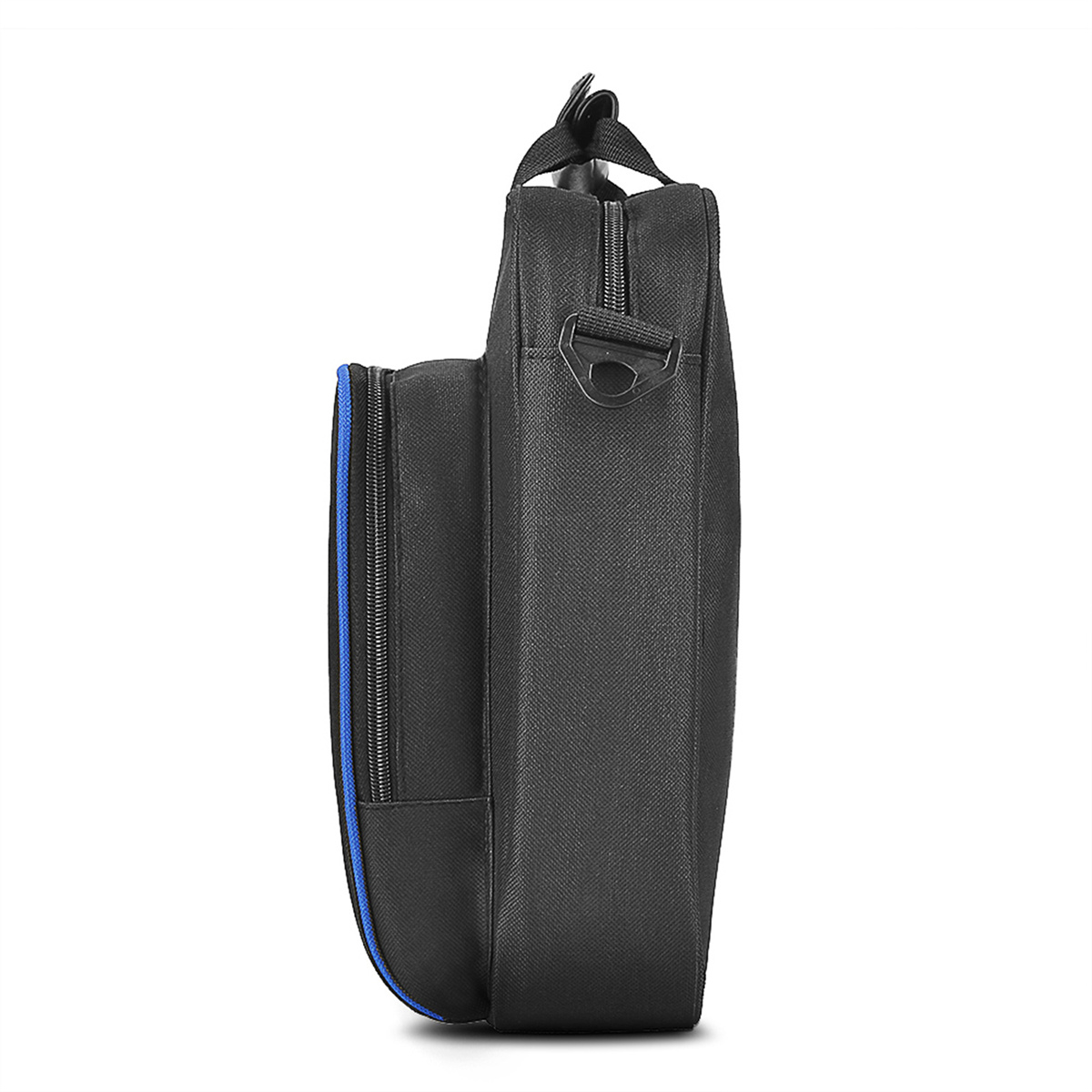 Eine schwarze Aktentasche mit einer blauen Reißverschlusstasche an der Seite. Die Tasche steht aufrecht.