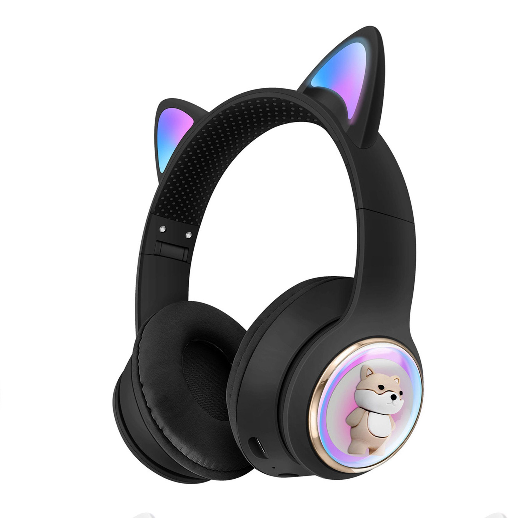 Schwarze Kopfhörer mit Katzenohren, jedes Ohr mit bunten LED-Leuchten. Ein Spielzeug ist auch vorhanden.
