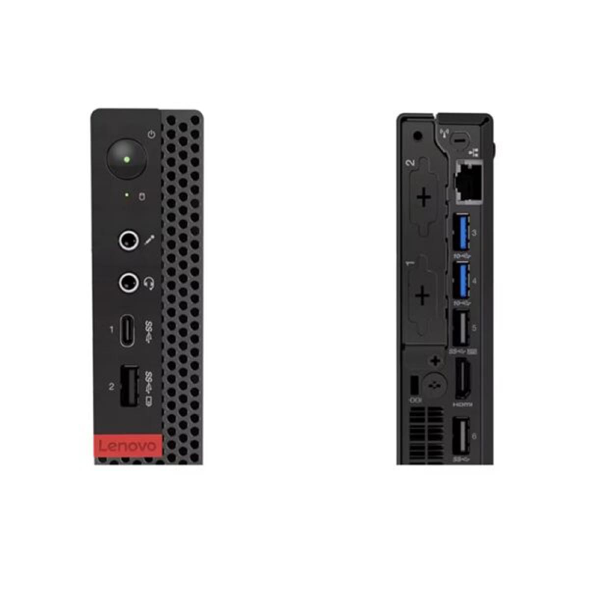 Dwa mini komputery Lenovo. Czarne, prostokątne, widok z przodu i z tyłu. Widoczne porty. Białe tło.