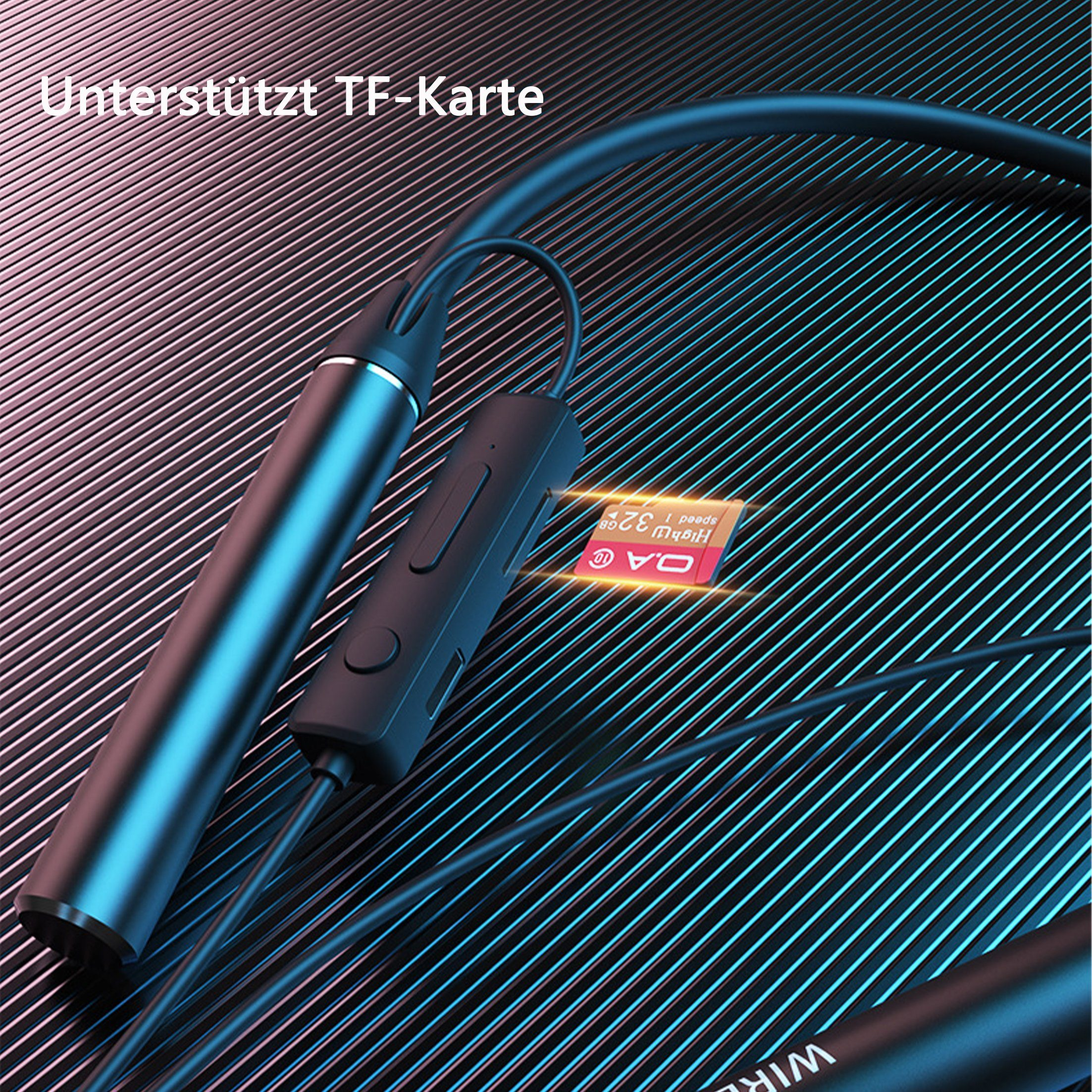 Schwarze Nackenbügel-Kopfhörer mit Bedienfeld und TF-Karte. Blauer und violetter Farbverlauf im Hintergrund.