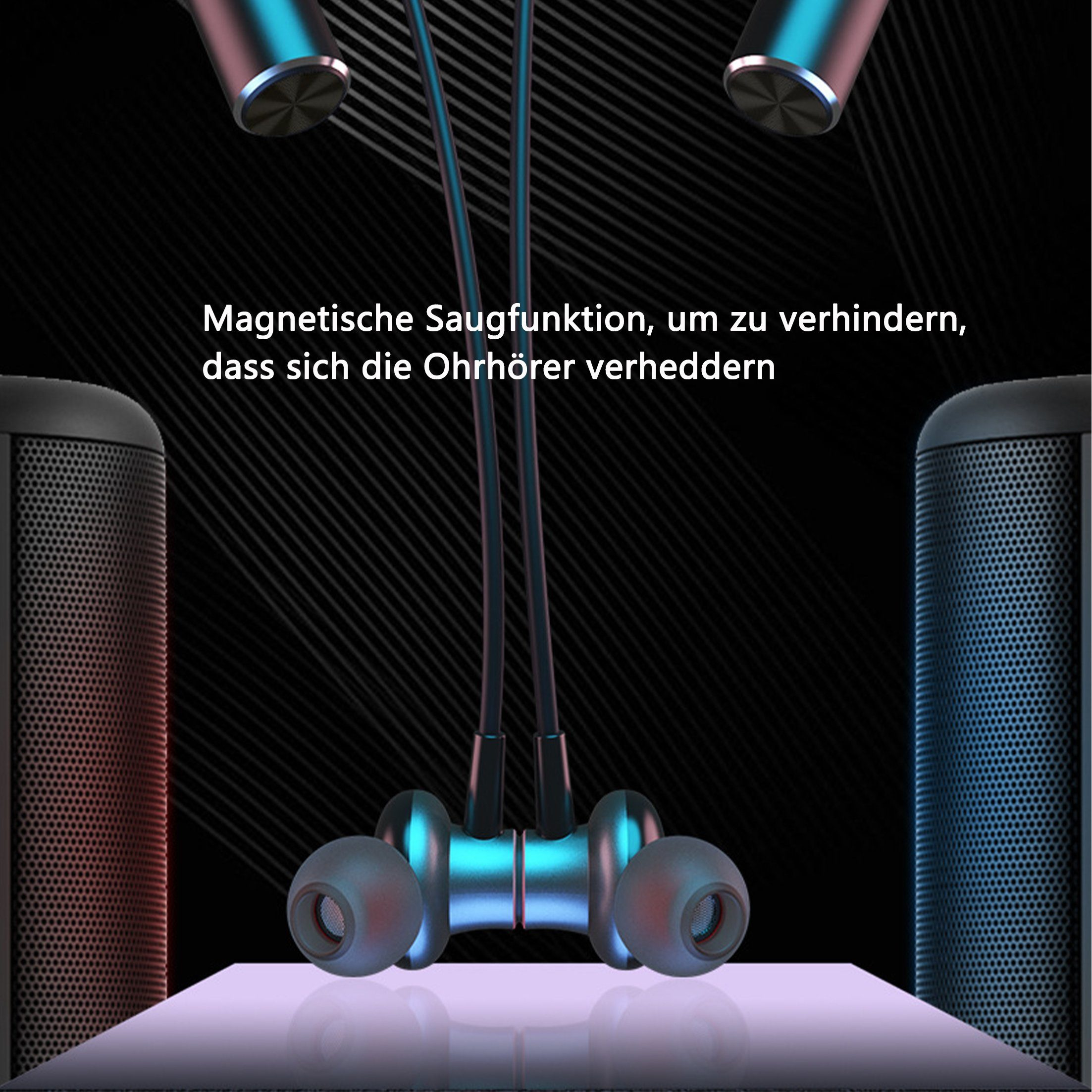 Kopfhörer mit Nackenband und Ohrhörer-Stil. Das Bild hat Lautsprecher im Hintergrund.