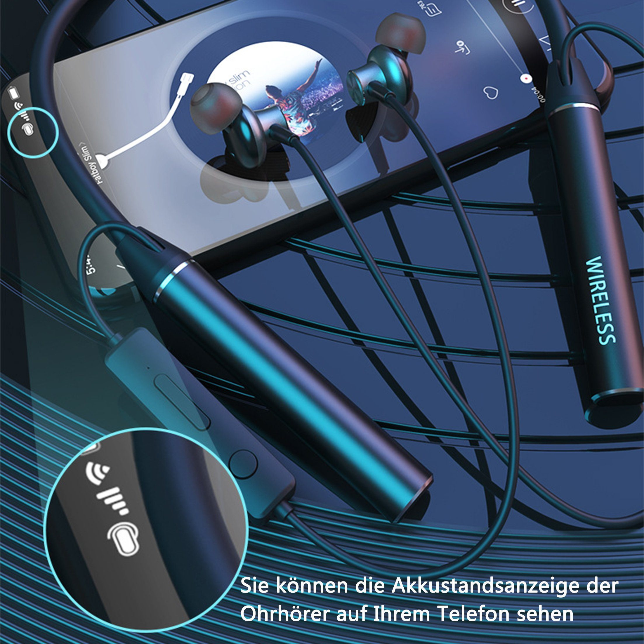 Kabellose Ohrhörer und ein Nackenbügel, verbunden mit einem Telefon, auf dem Musik abgespielt wird. Der Nackenbügel zeigt Batterie.