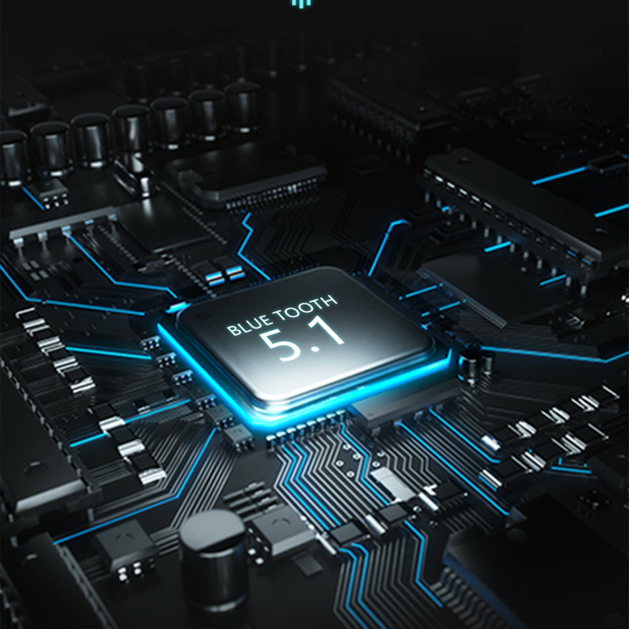 Nahaufnahme einer Platine mit einem Bluetooth 5.1-Chip. Blaue Linien beleuchten die Komponenten.