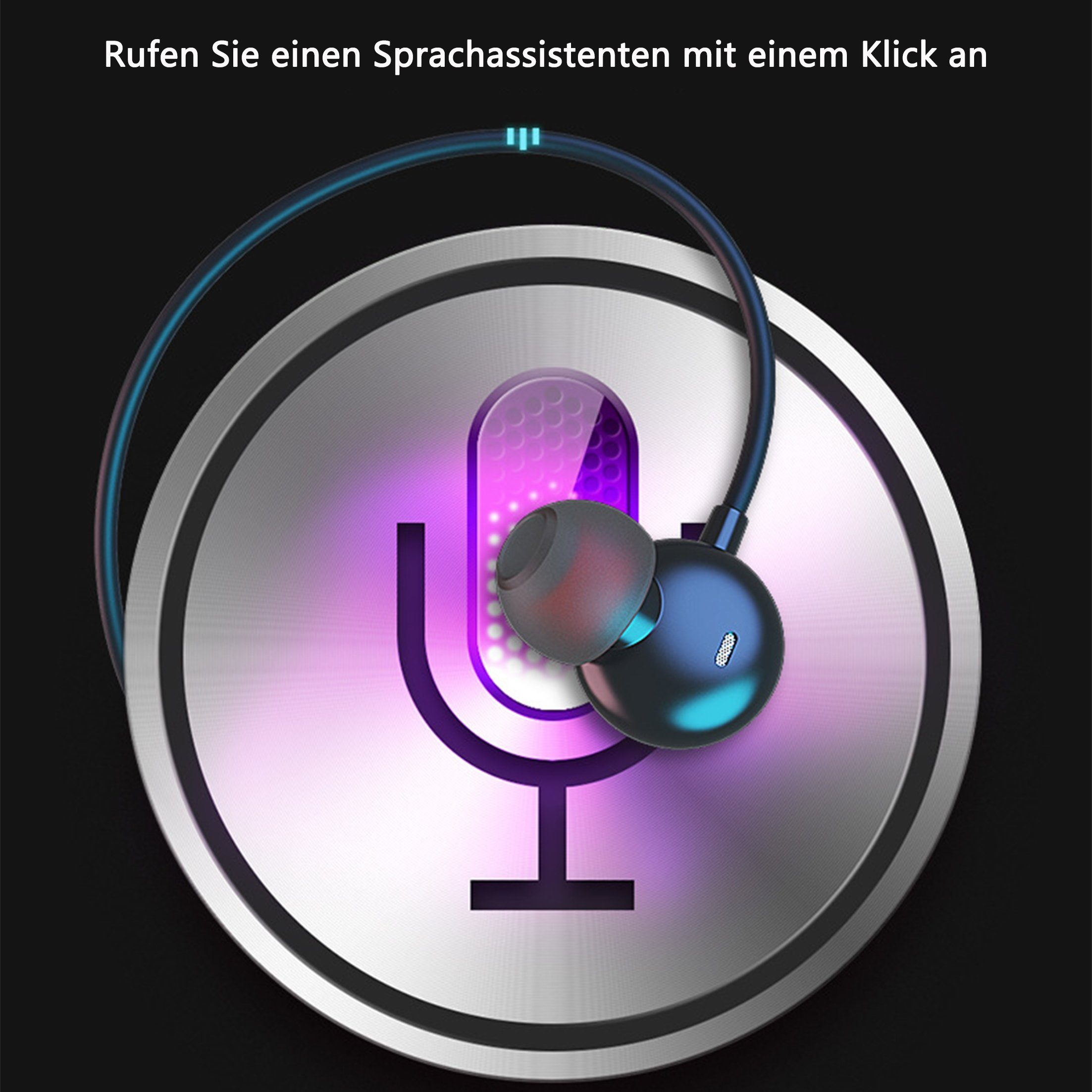 Kopfhörer mit Mikrofon auf silbernem Metallknopf mit lila Glimmen.