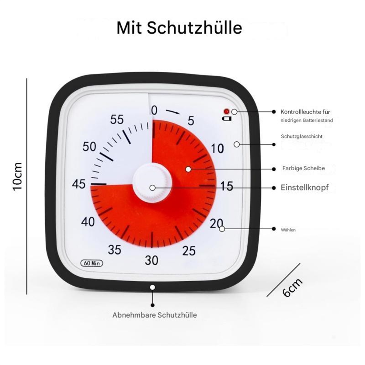 Schwarz-weißer Timer mit rotem Bereich, Zahlen und Beschriftungen, mit abnehmbarer Schutzhülle.