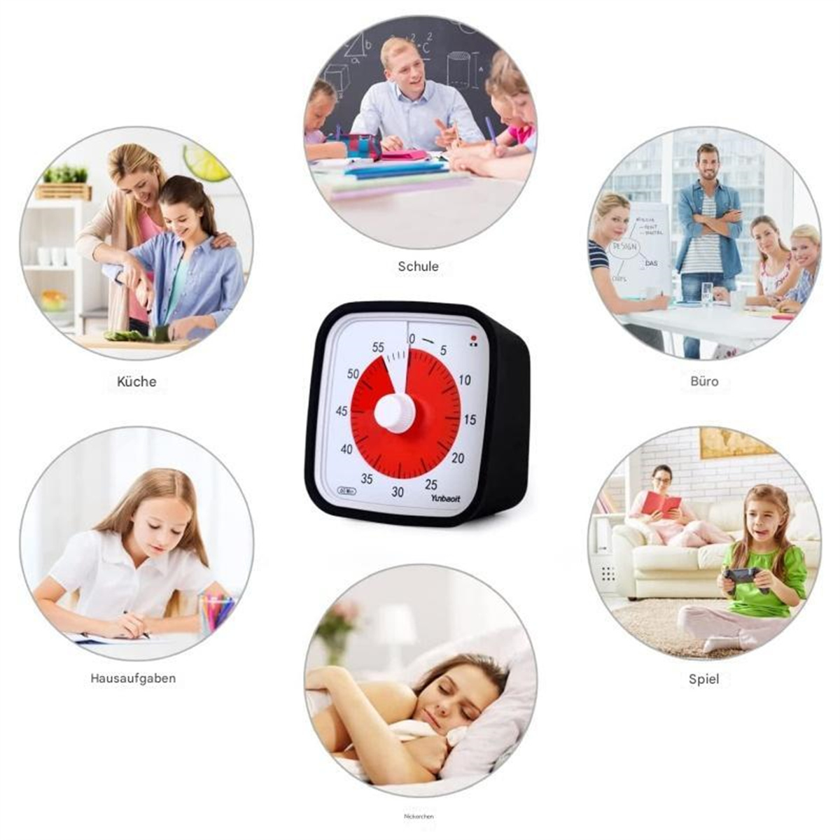 Ein Timer zeigt ein rotes Zifferblatt und verschiedene Szenen: Schule, Küche, Büro, Hausaufgaben, Spiele.