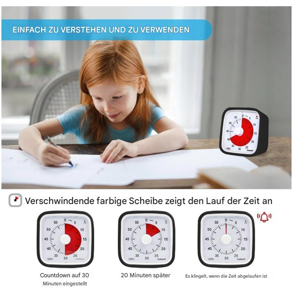Mädchen zeichnet, mit Timern, die den Zeitverlauf anzeigen, und Text auf dem Bild.