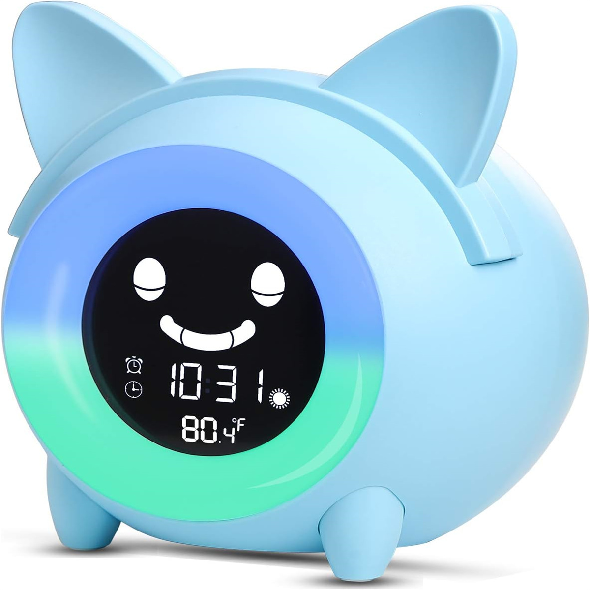 Ein blauer Wecker mit Ohren, einem Digitaldisplay mit Uhrzeit und Temperatur sowie grünen und blauen Lichtern.