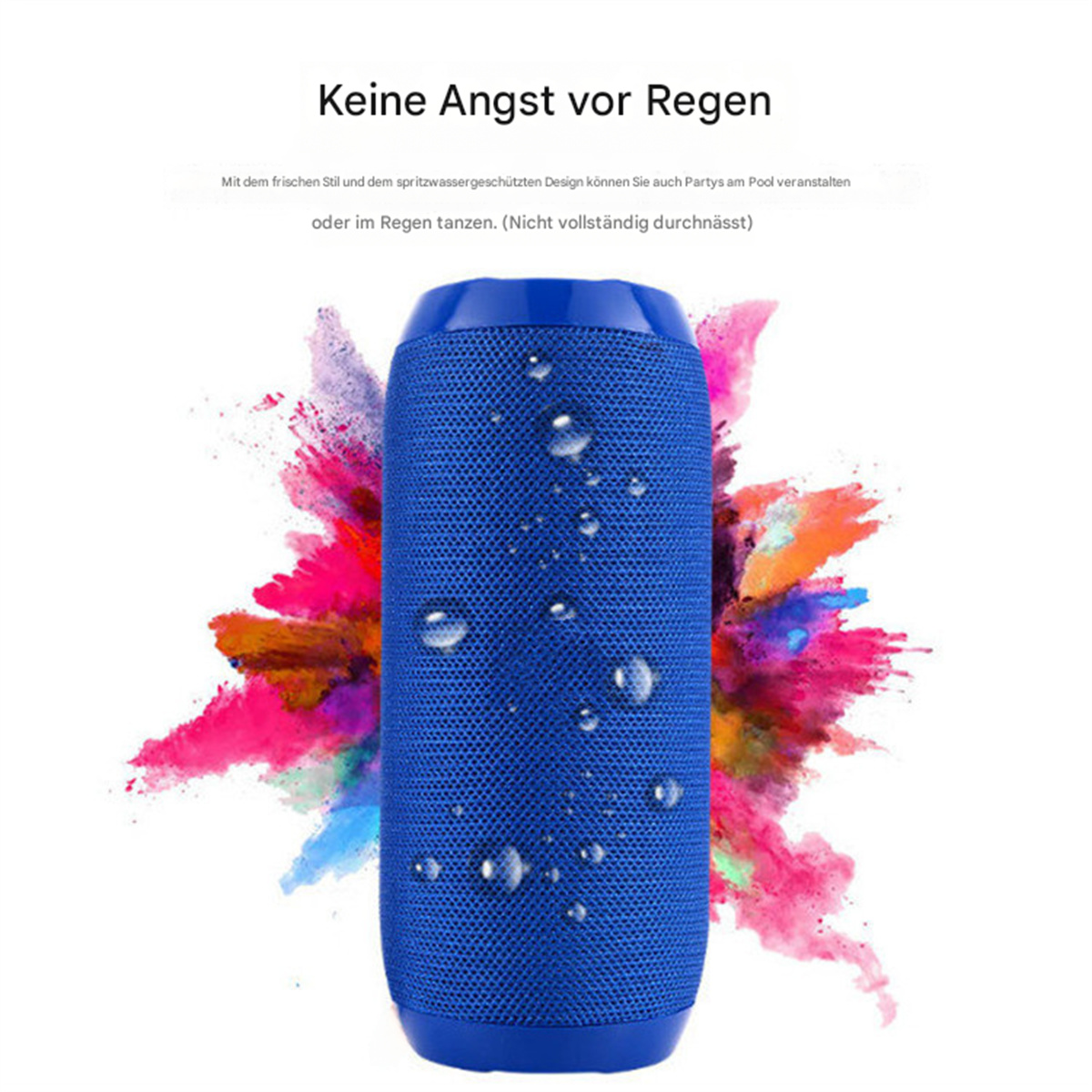 Blauer zylindrischer Lautsprecher mit Wassertropfen. Der Hintergrund zeigt farbenfrohe Spritzer und Text auf Deutsch.