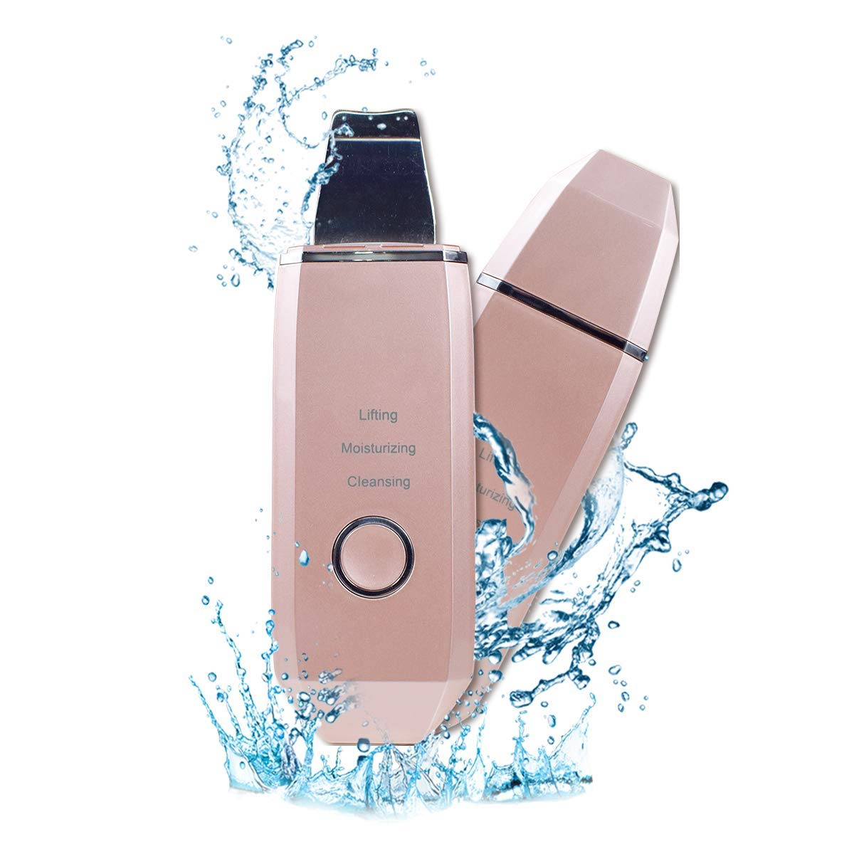 Zwei rosa Hautpflegegeräte mit Wasserspritzern. Weißer Hintergrund.