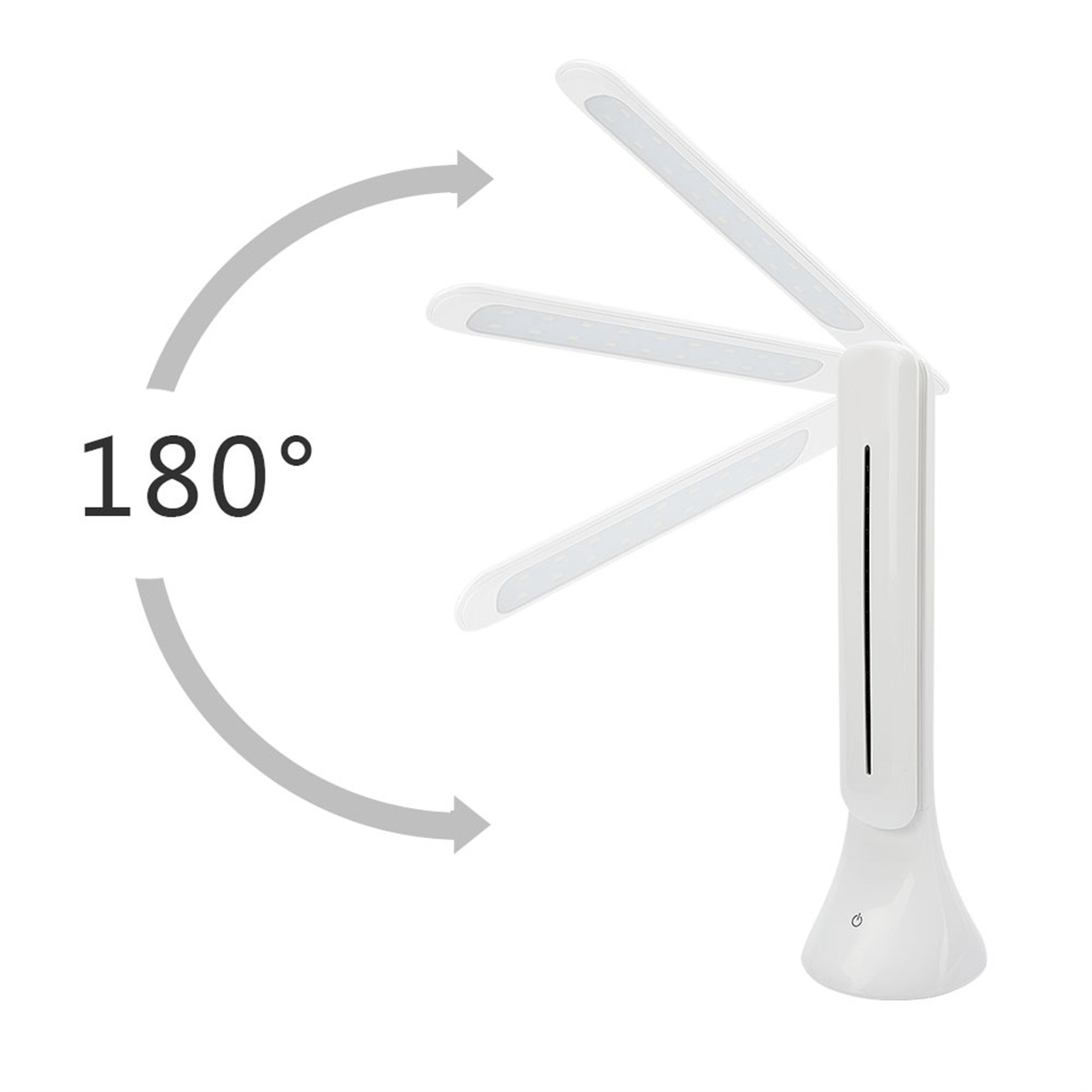 Eine weiße, verstellbare Schreibtischlampe. Pfeile zeigen den 180-Grad-Bewegungsbereich des Lampenkopfes.