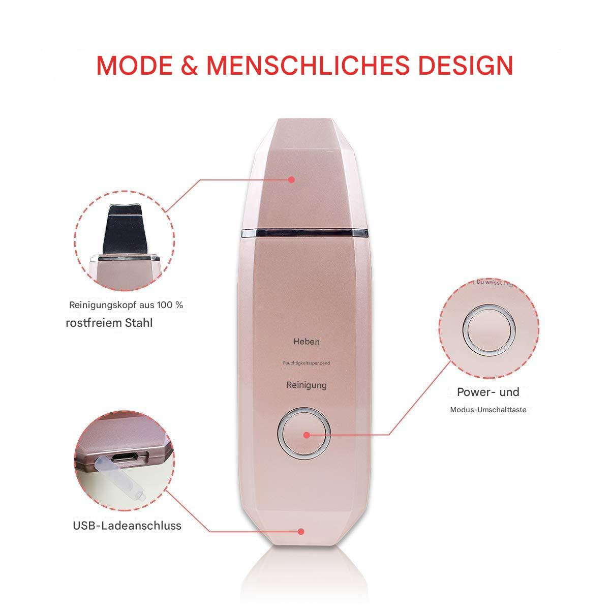 Roségoldenes Gesichtsreinigungsgerät mit detaillierter Abbildung, einschließlich USB-Anschluss und Knopf.
