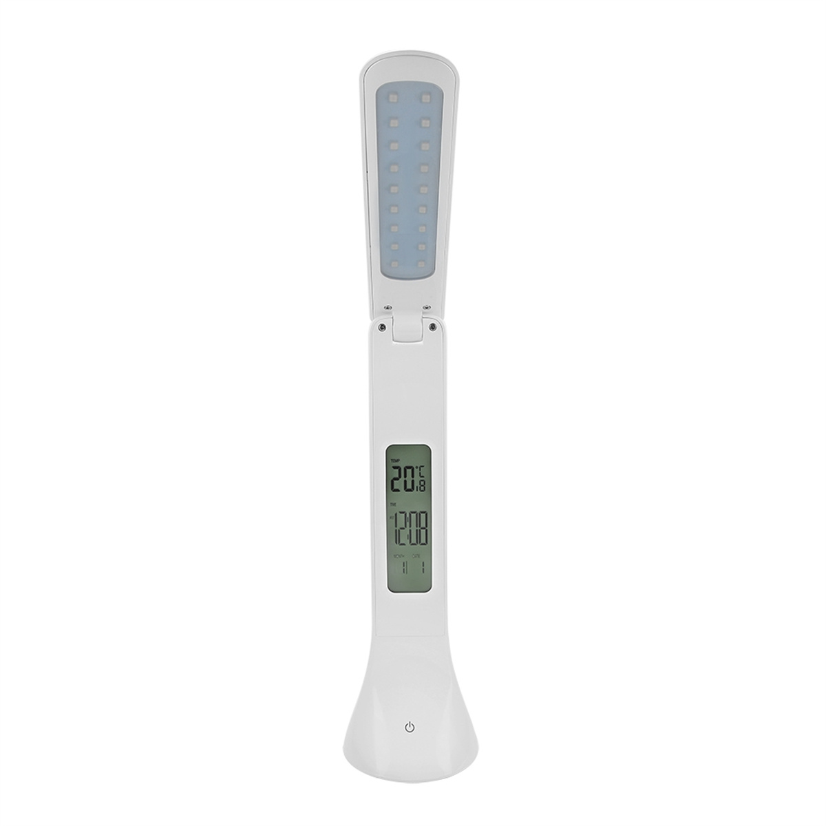 Weiße Schreibtischlampe mit Digitalanzeige. Zeigt Temperatur und Uhrzeit an. Die Lampe ist verstellbar.