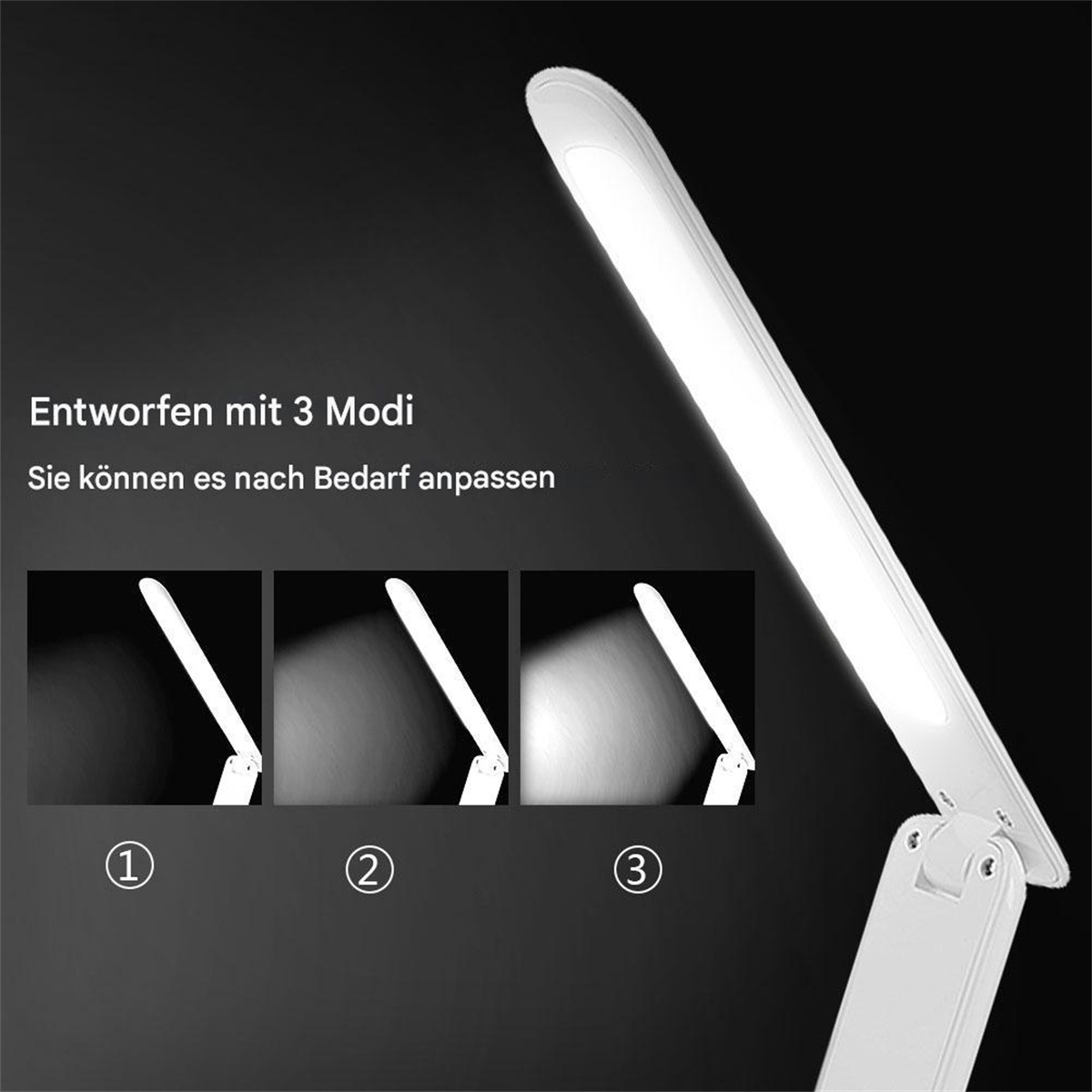 Weiße und schwarze LED-Schreibtischlampe mit drei Lichtmodi, die verschiedene Helligkeiten zeigen.