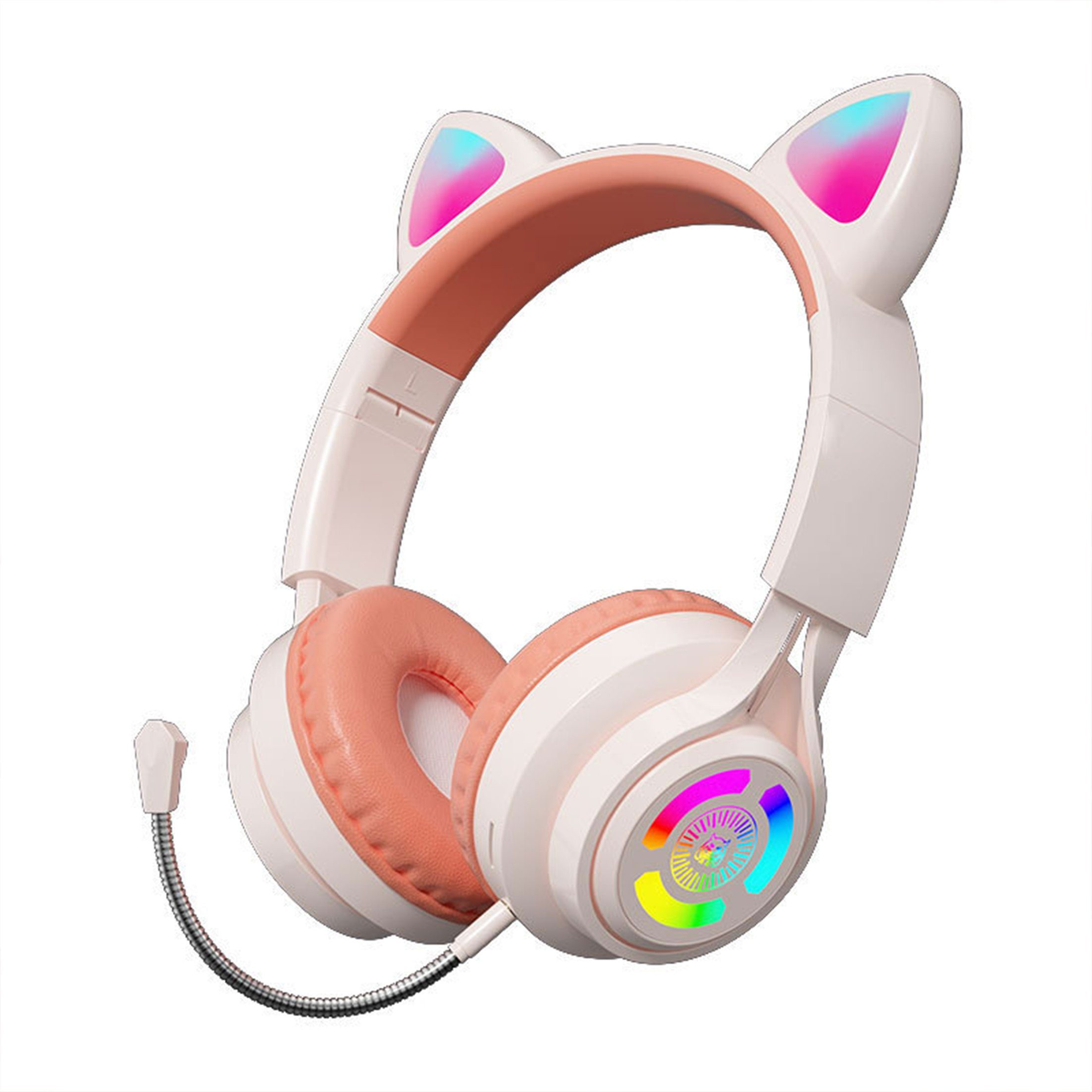 Ein weißes Headset mit Katzenohren und Mikrofon, mit bunten Lichtern auf den Ohrmuscheln.