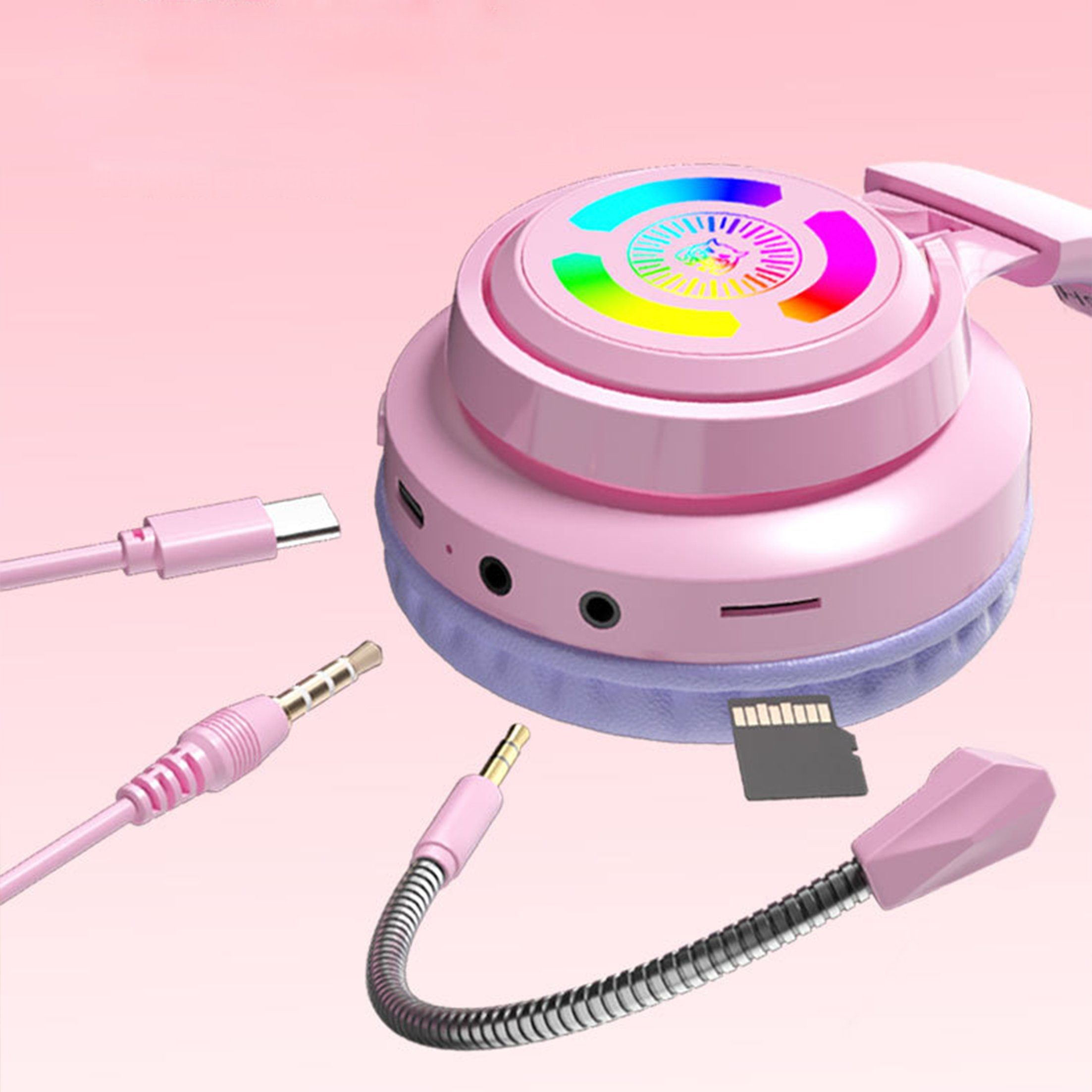 Pinkes Gaming-Headset mit Kabeln und einer SD-Karte. Das Headset hat einen Farbwechsel-Lichtring.