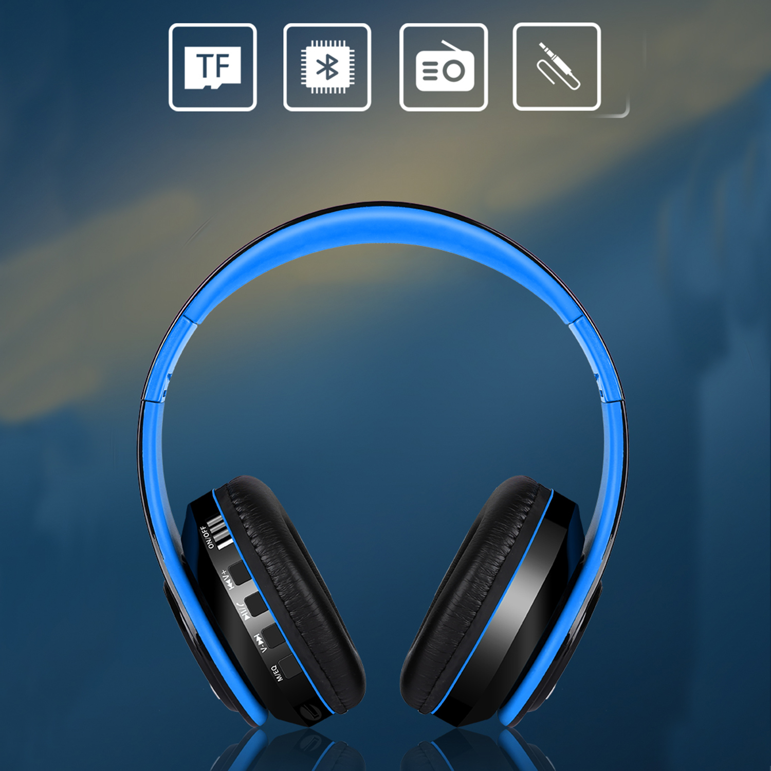 Blaue und schwarze Kopfhörer mit Textlabels und Funktionssymbolen.