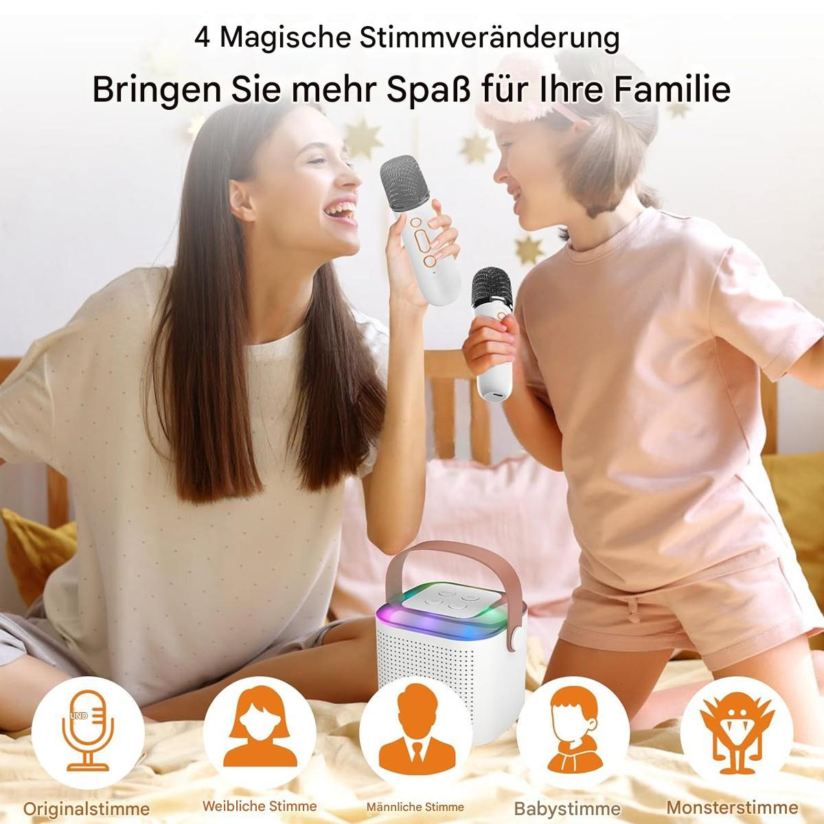 Zwei Personen mit Mikrofonen in der Nähe eines Lautsprechers mit Lichtern und Symbolen für Spracheffekte.