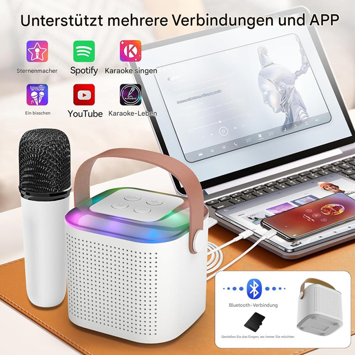 Ein tragbarer Lautsprecher mit Mikrofon, Telefon und Laptop, mit verschiedenen App-Symbolen.