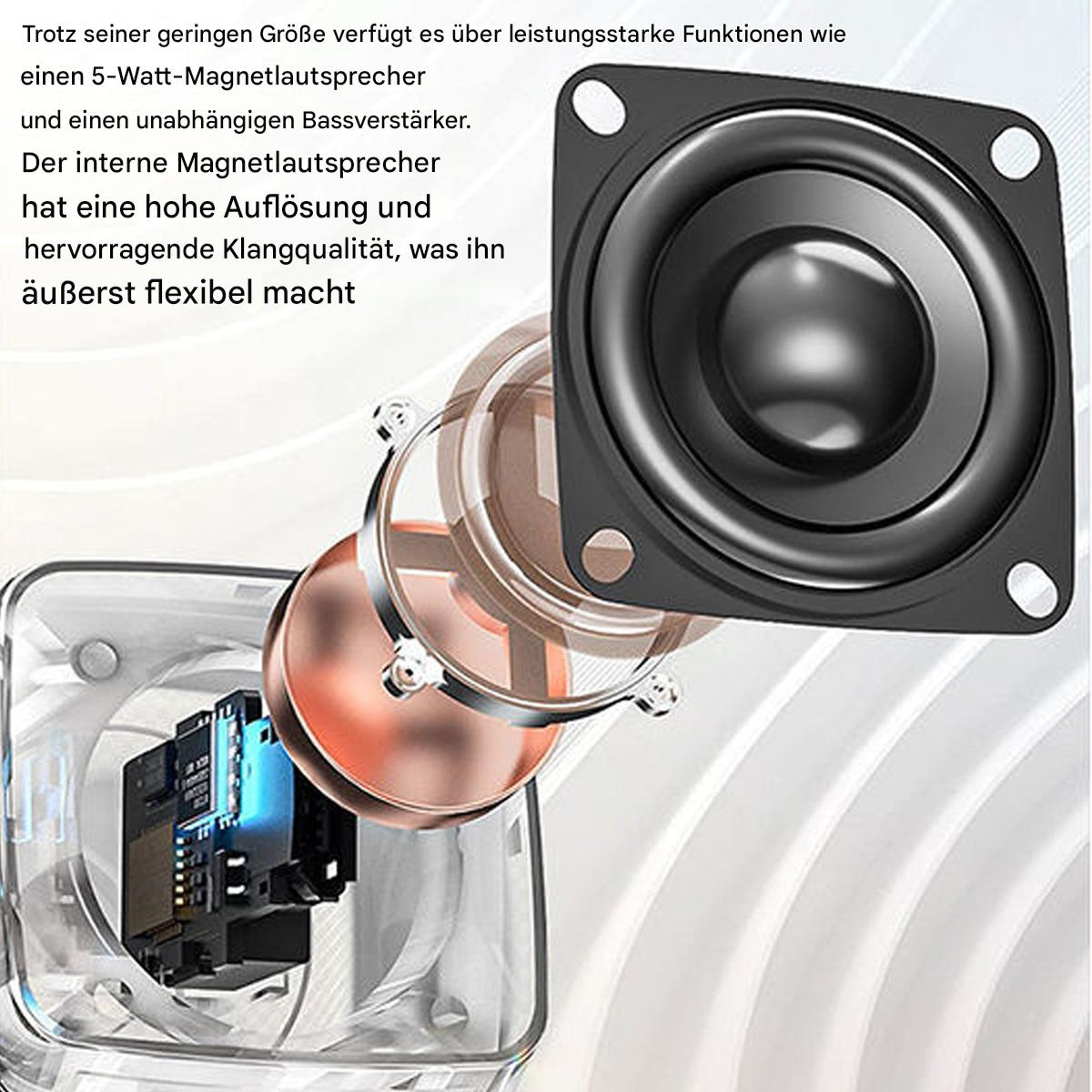 Nahaufnahme eines Lautsprechers mit sichtbaren internen Komponenten. Text: 5-Watt-Lautsprecher, Bassverstärker.