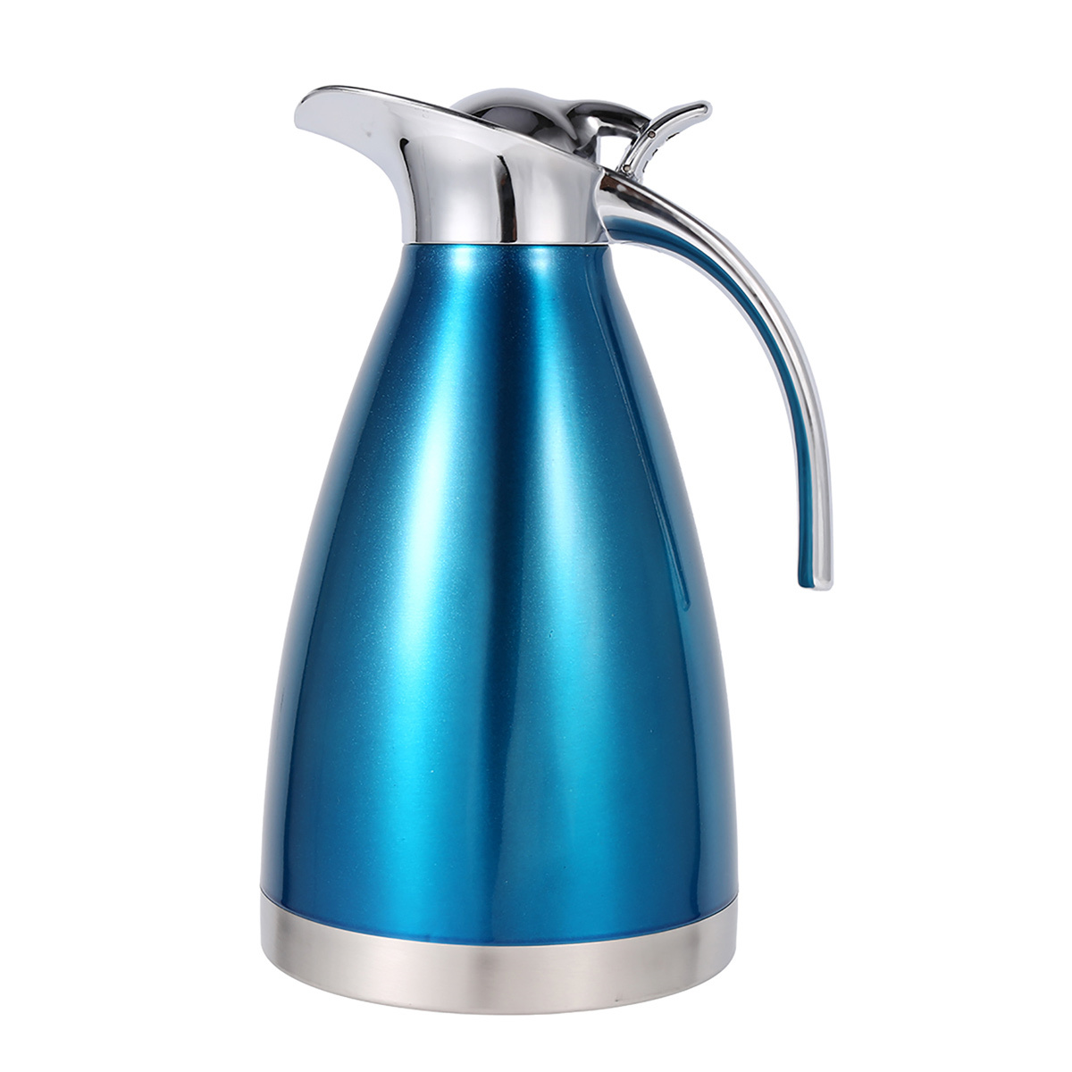 Blaue Thermoskanne mit silbernem Griff und Deckel, auf weißem Hintergrund.