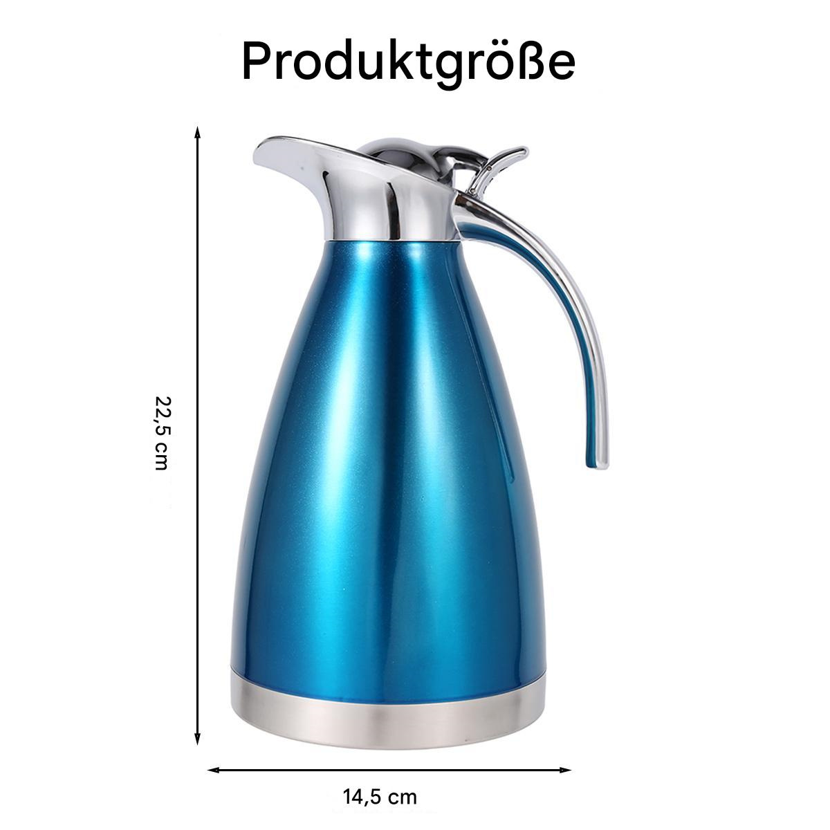 Blaue Thermoskanne mit den Maßen: 22,5 cm hoch, 14,5 cm breit.