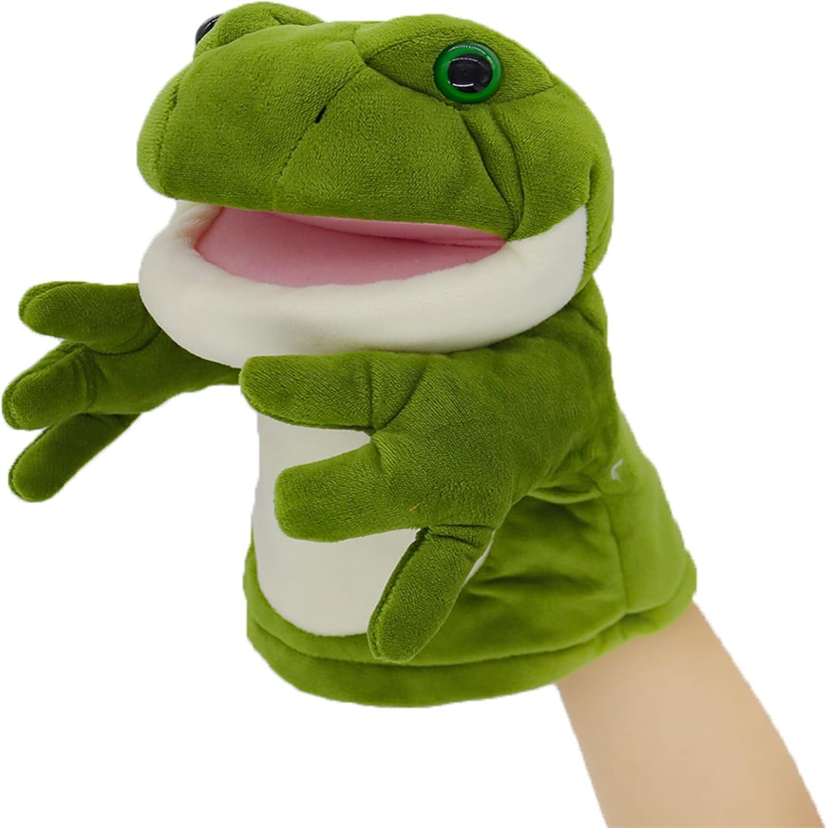 Grüne Frosch-Handpuppe mit weißem Maul und grünen Augen auf einer Hand.