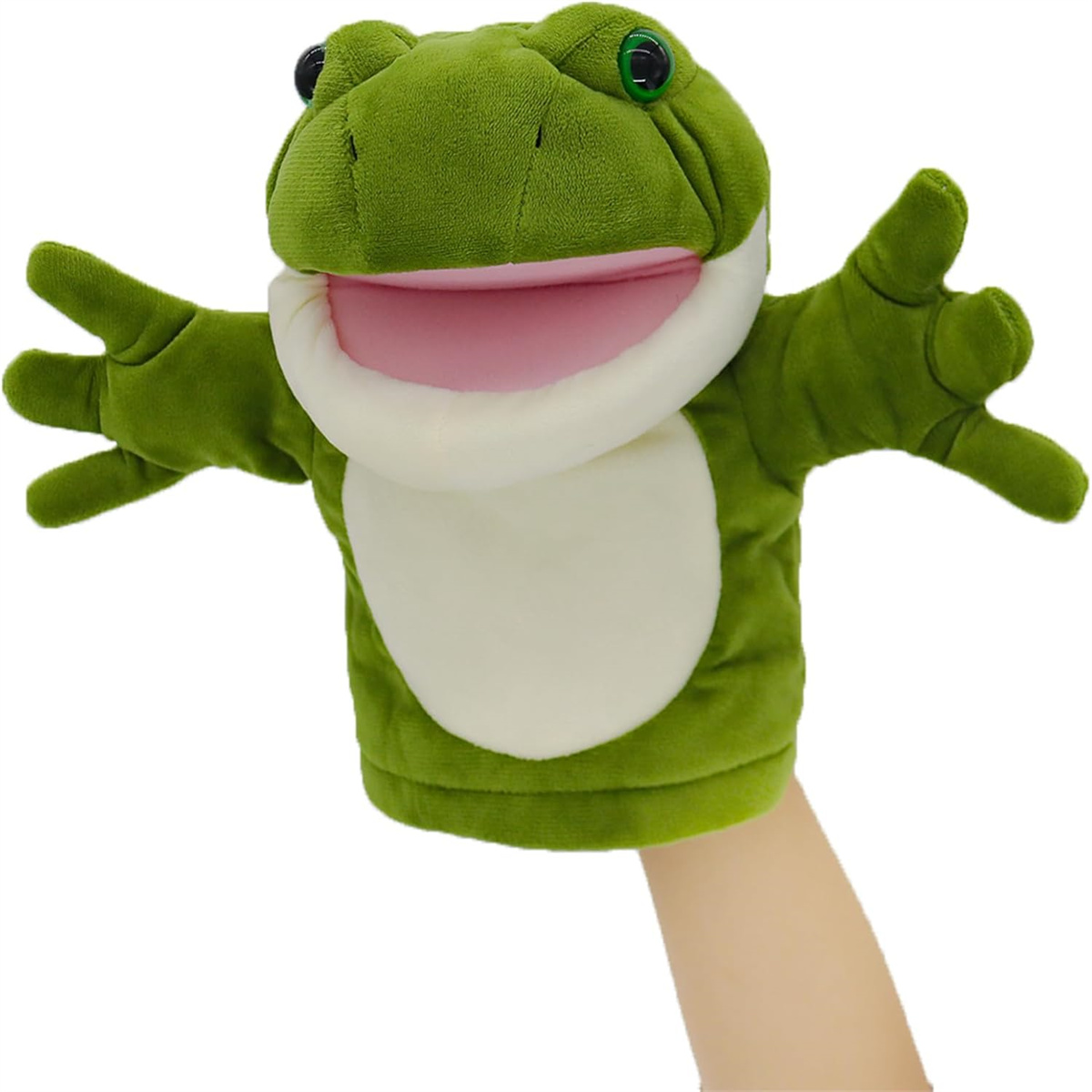 Grüne Frosch-Handpuppe mit weißem Bauch, offenem Mund und ausgestreckten Armen.