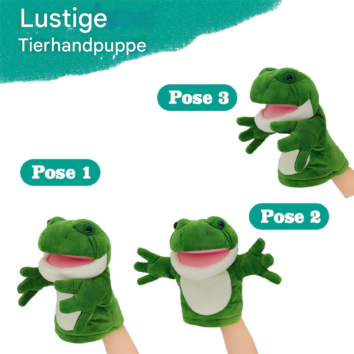 Grüne Frosch-Handpuppen in drei verschiedenen Posen vor blauem Hintergrund.