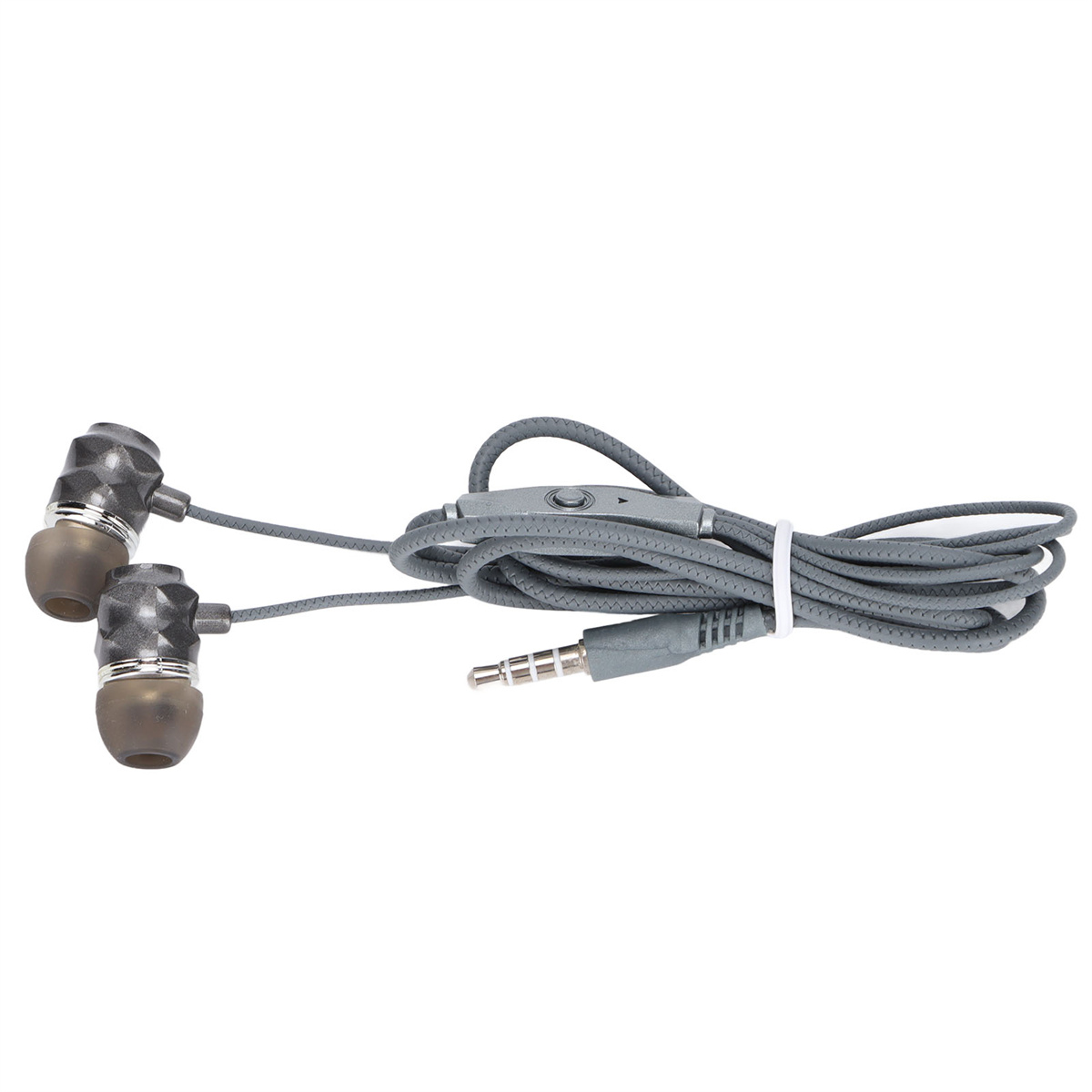 Graue Kopfhörer mit Lautstärkeregler, grauem Kabel und 3,5-mm-Klinkenstecker.