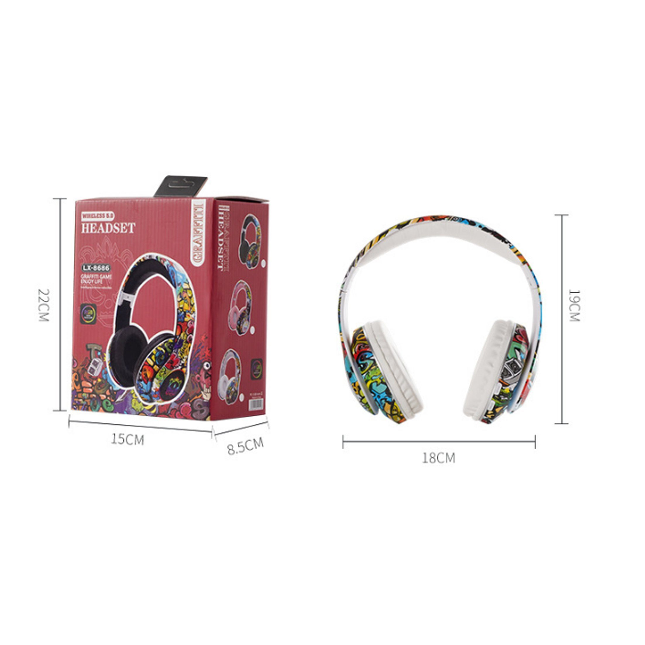 Kopfhörer in einer Box mit Abmessungen. Die Kopfhörer sind bunt und haben ein Graffiti-Design.