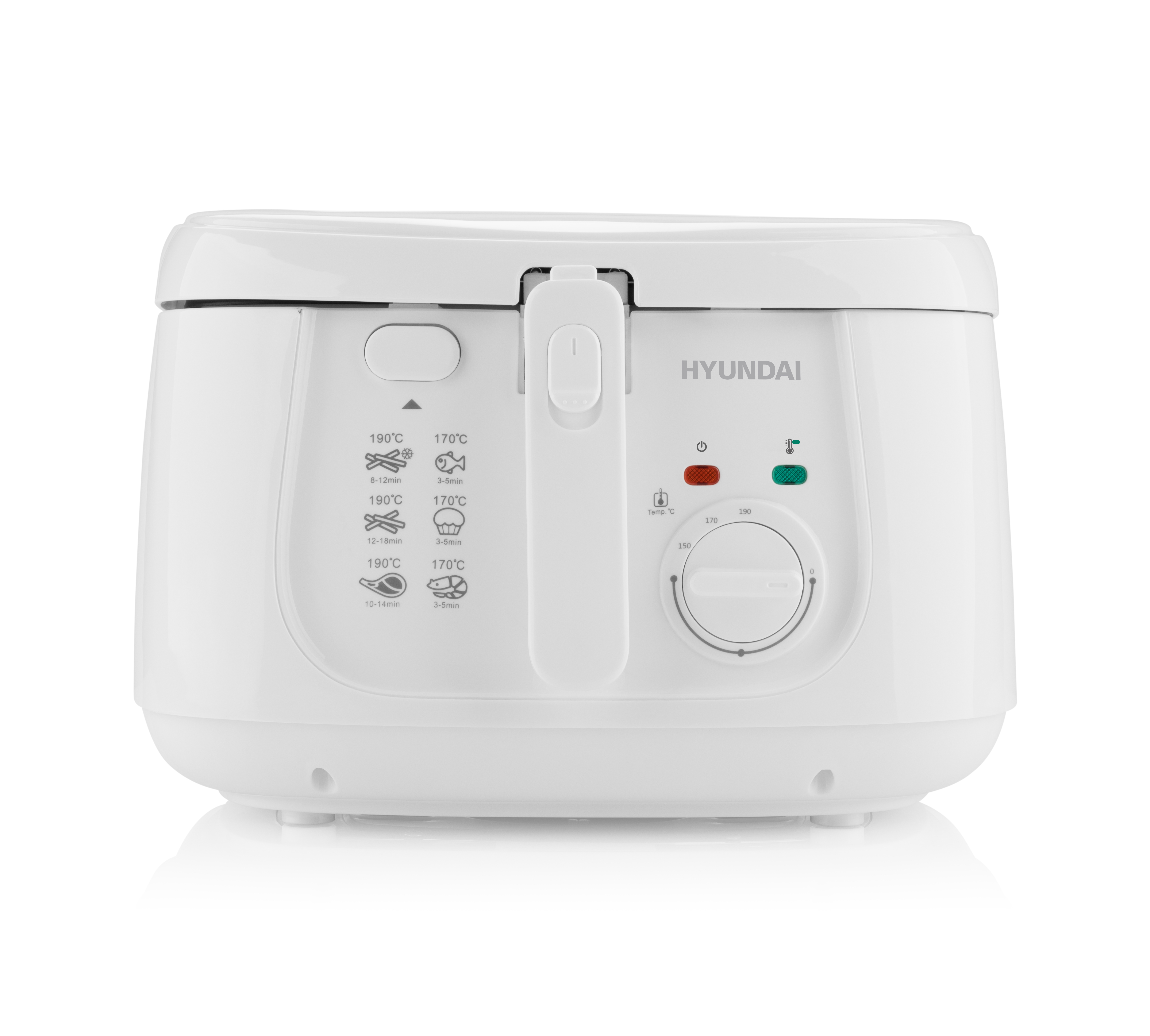Weißer Hyundai-Fritteuse mit Temperatur- und Timereinstellungen auf weißem Hintergrund.